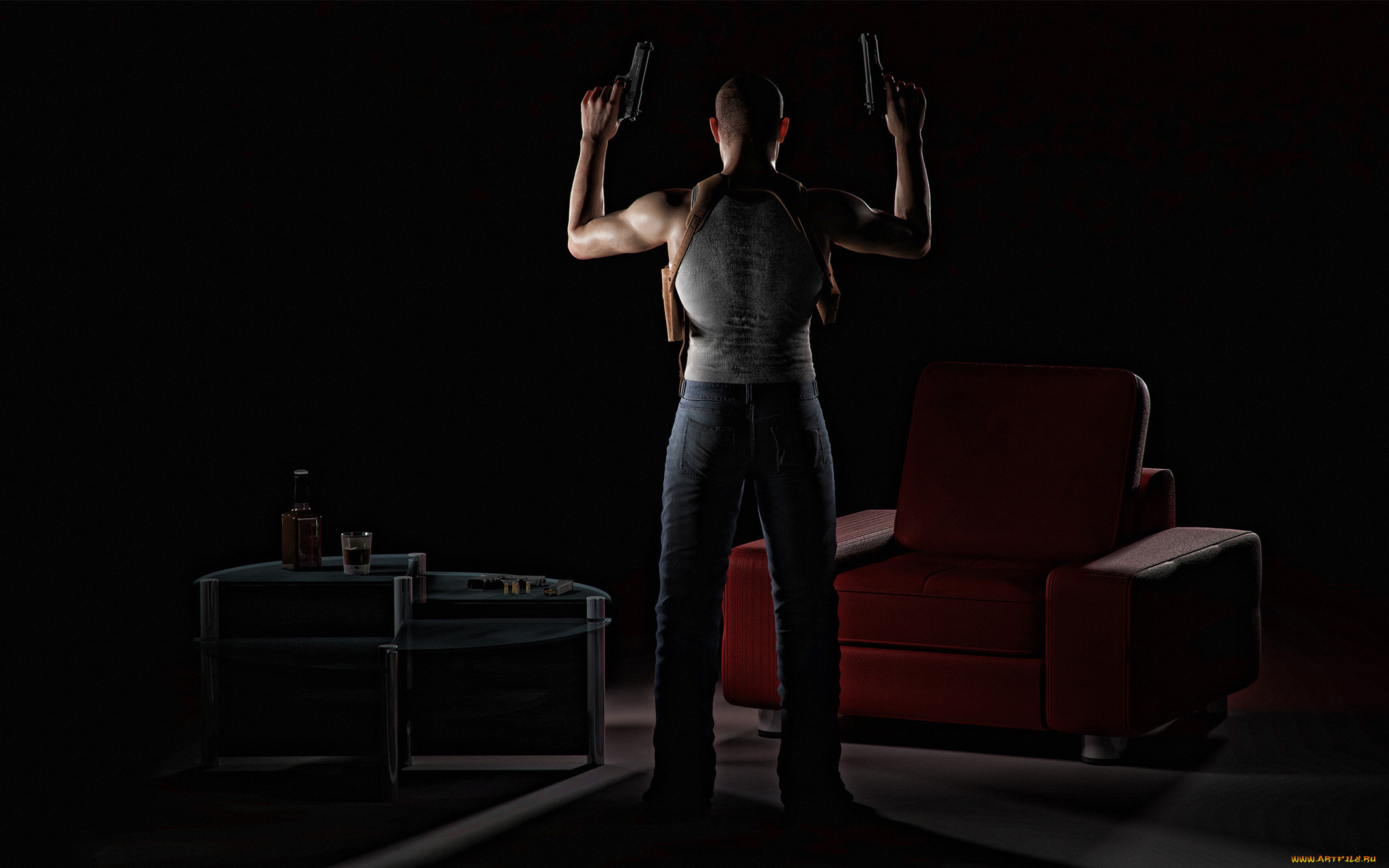 мужик, 3д, графика, fantasy, , фантазия, человек, оружие, диван, напиток