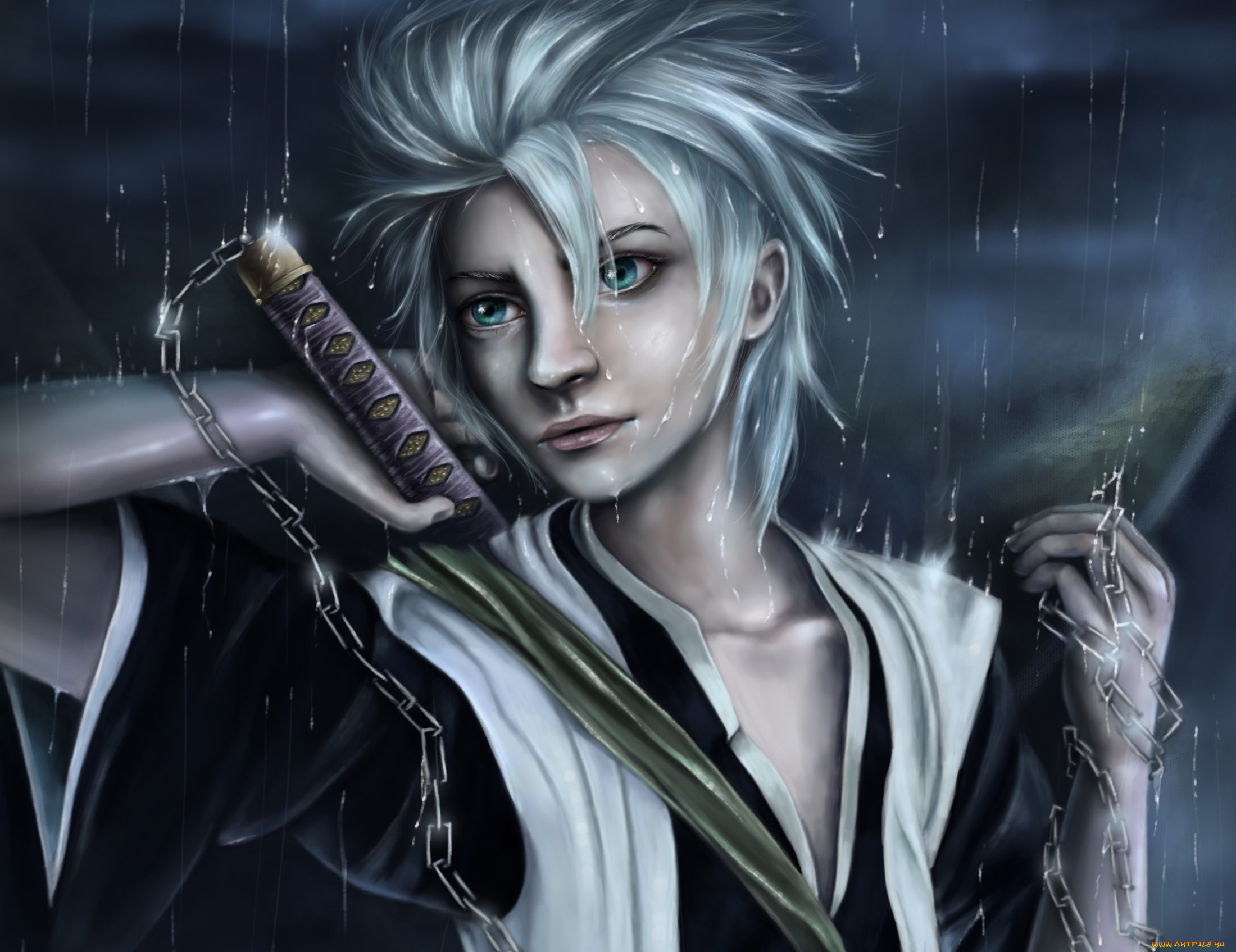 аниме, bleach, hitsugaya, toushirou, парень, меч, цепи, дождь