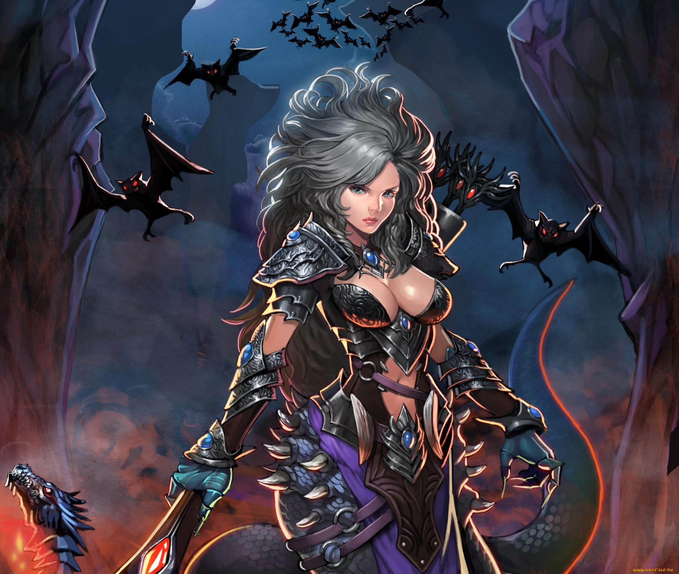 фэнтези, красавицы, и, чудовища, летучие, мыши, меч, хвост, девушка