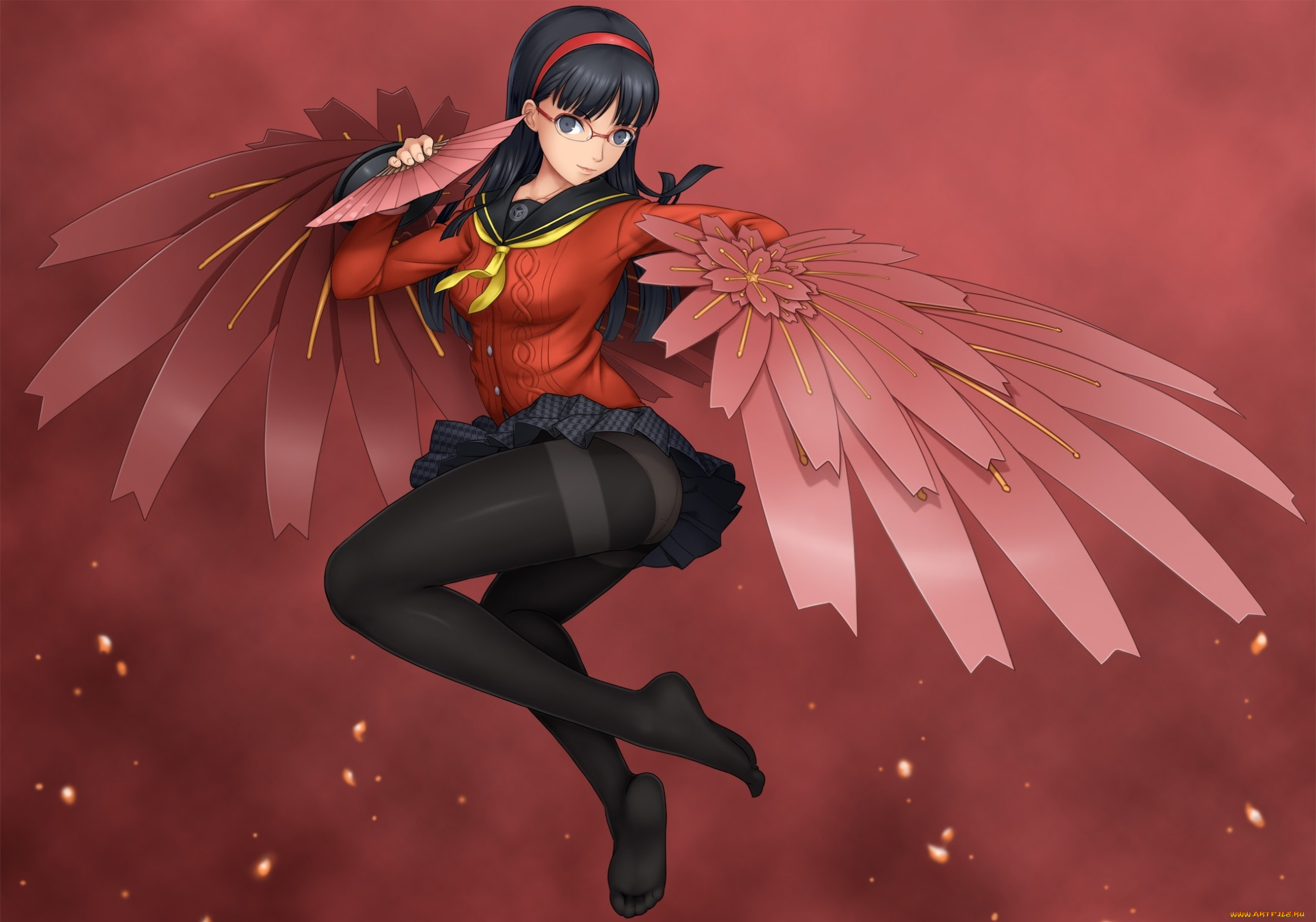 аниме, persona, 4, взгляд, улыбка, крылья, веера