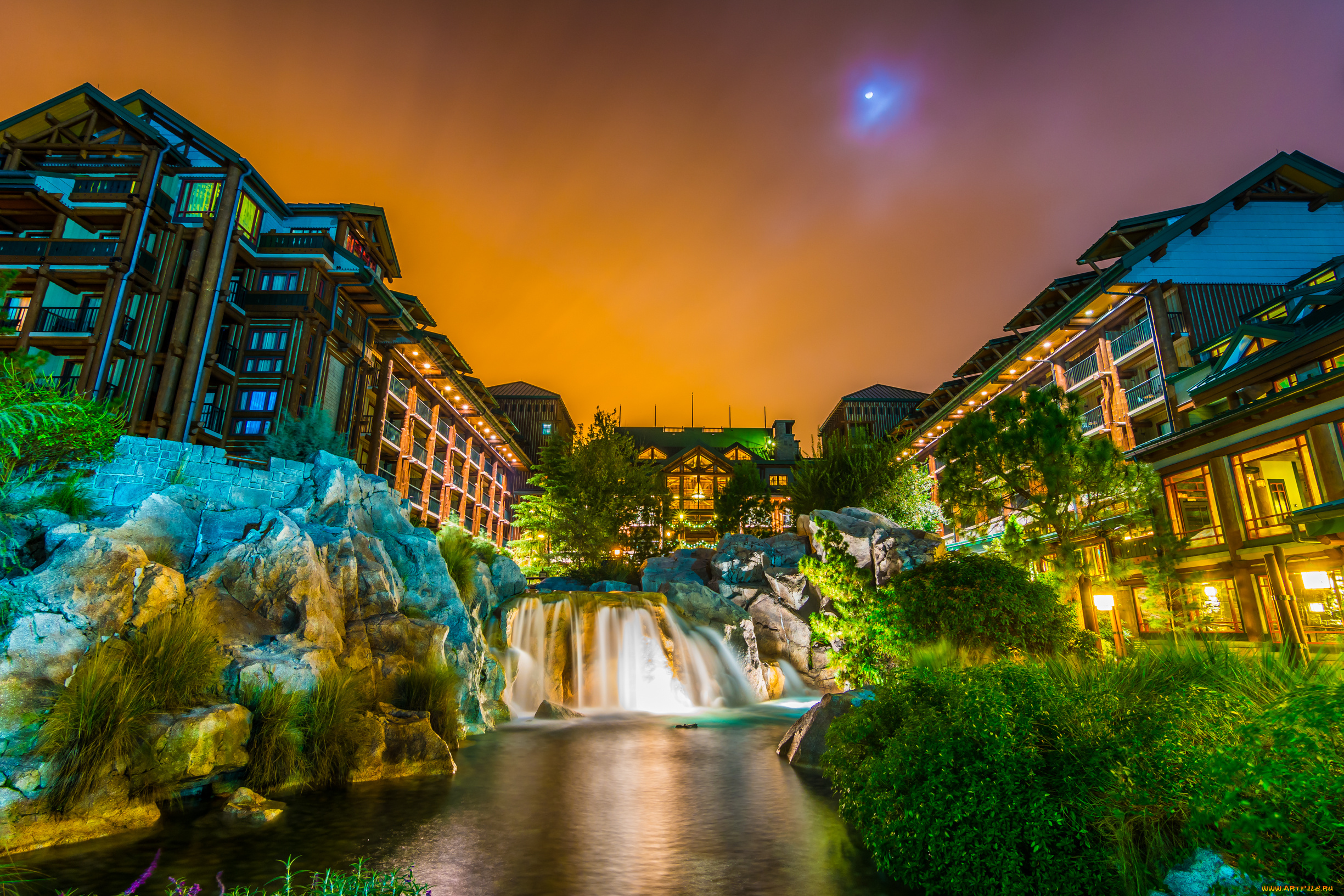 города, диснейленд, здания, водопад