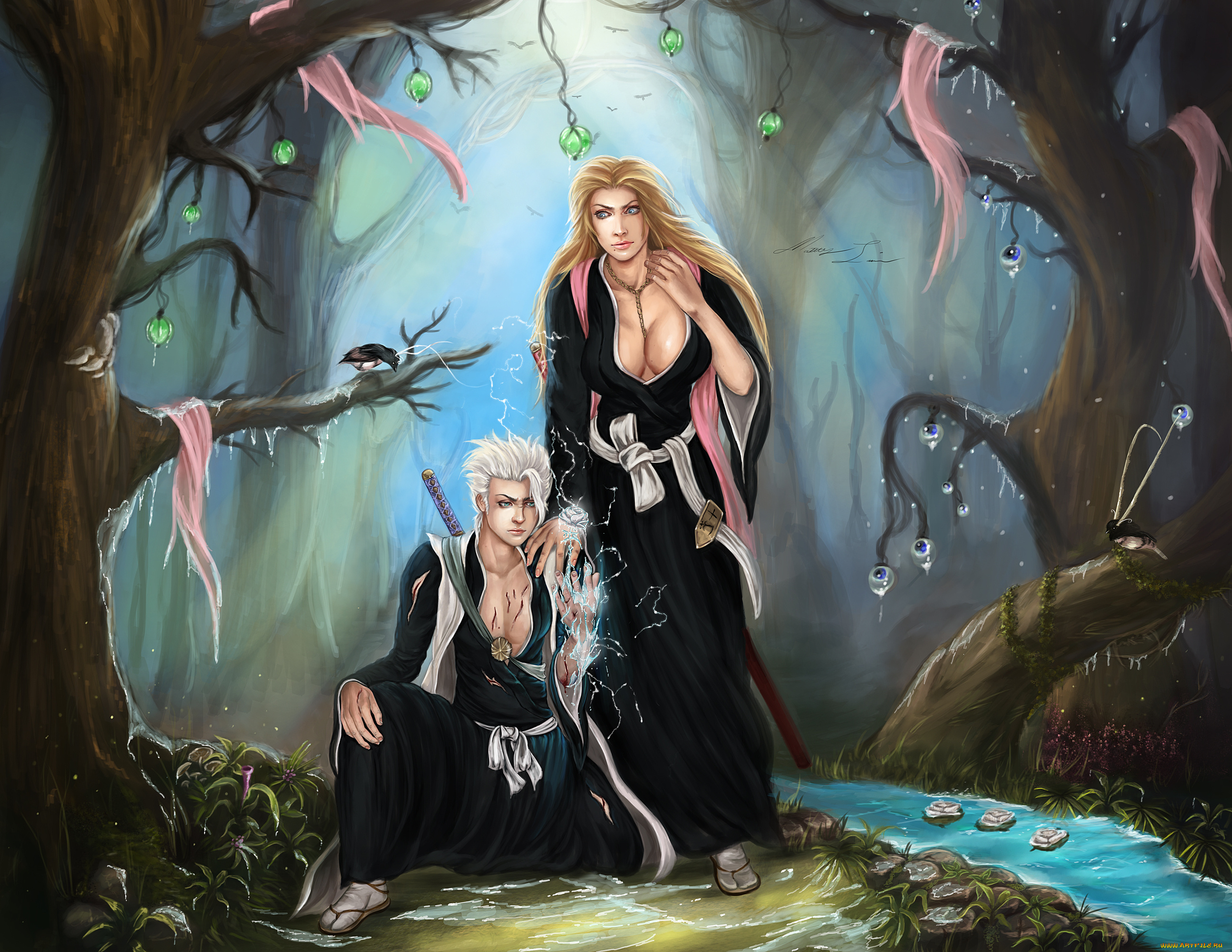 аниме, bleach, hitsugaya, toshiro, matsumoto, rangiku, парень, девушка, лес, ручей, птица, глаза