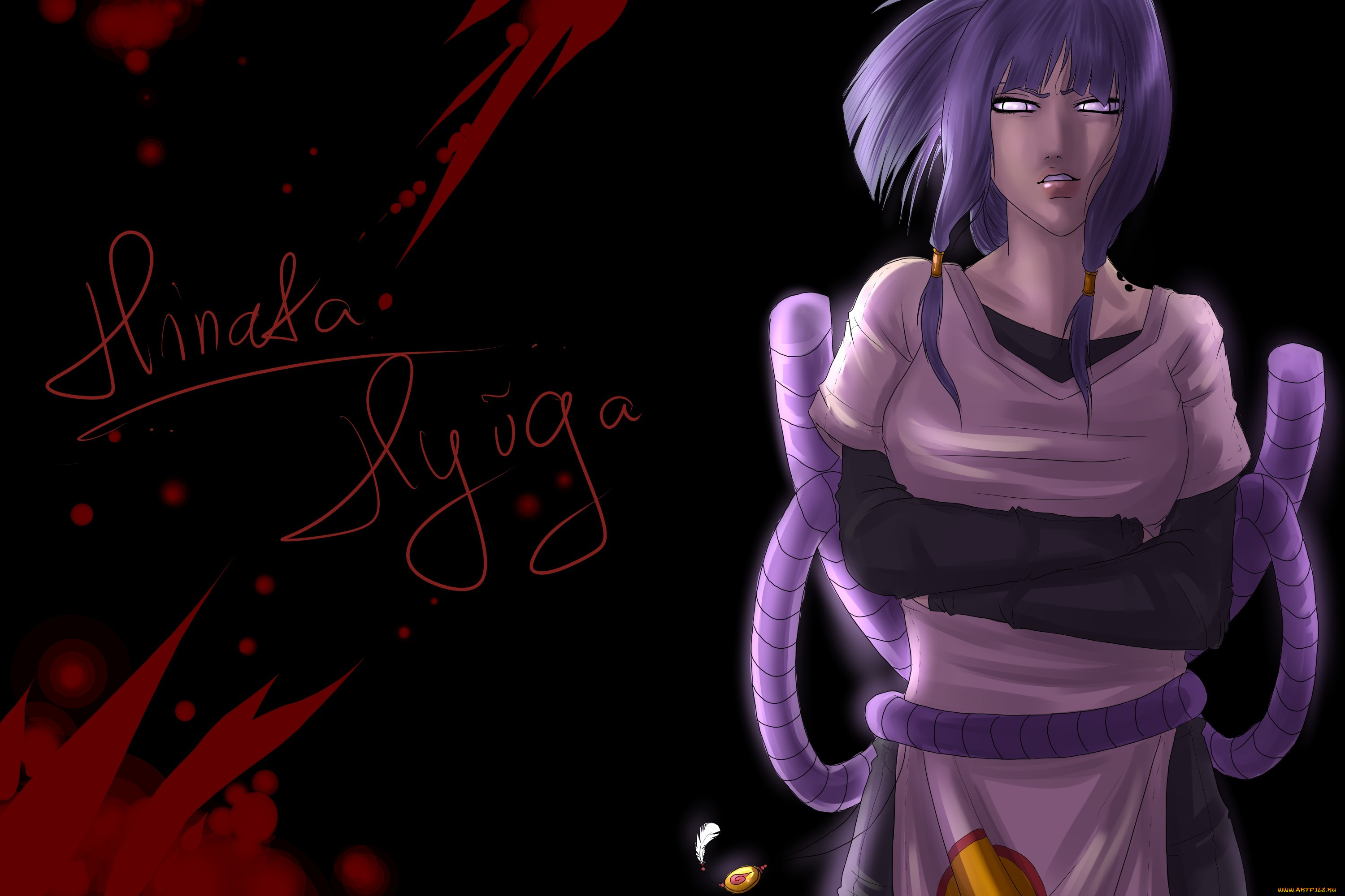 аниме, naruto, хьюга, надпись, бьякуган, верёвка, взгляд, чёрный, фон, девушка, фан, арт