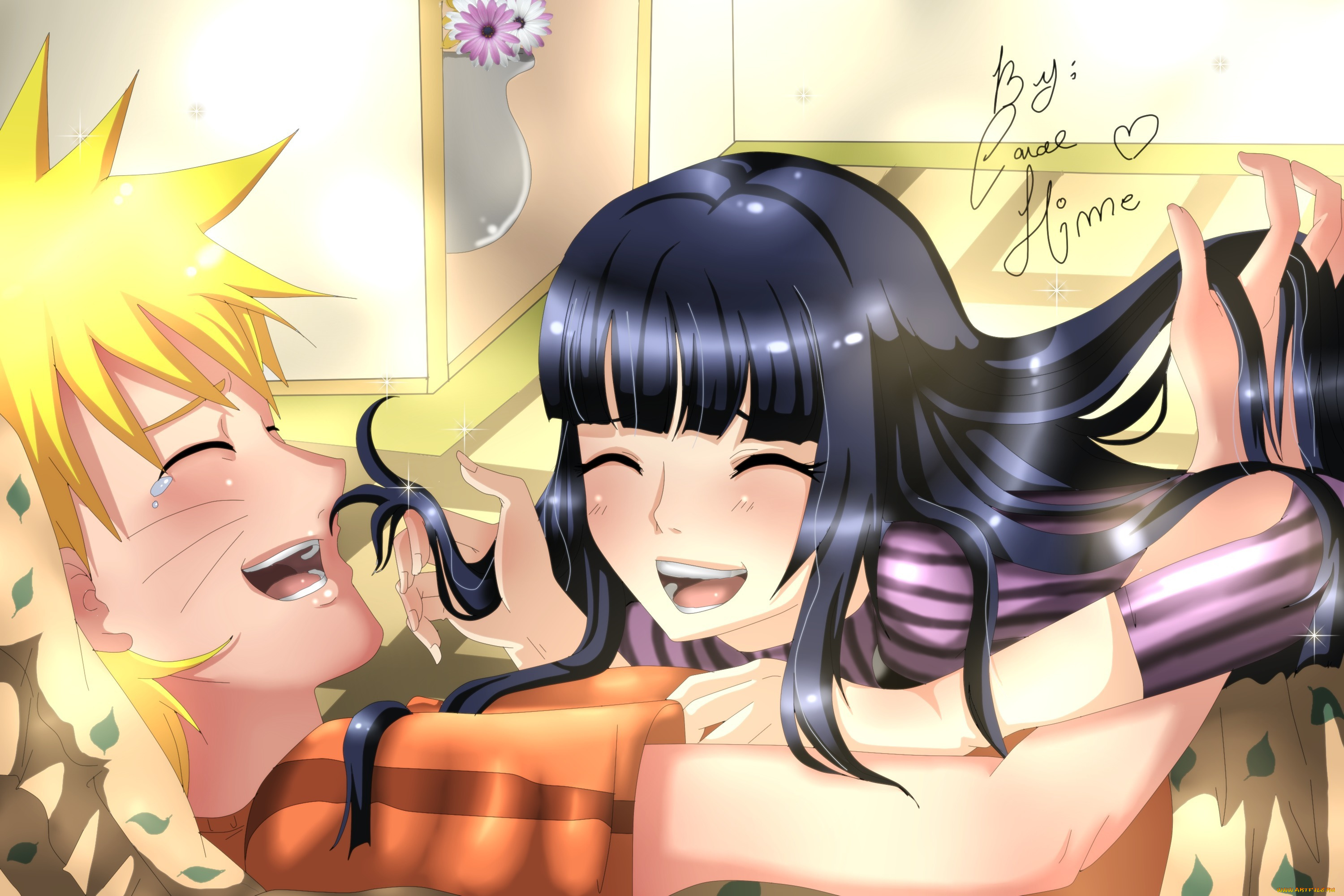 аниме, naruto, комната, хината, арт, наруто, брюнетка, блондин, девушка, парень, цветок