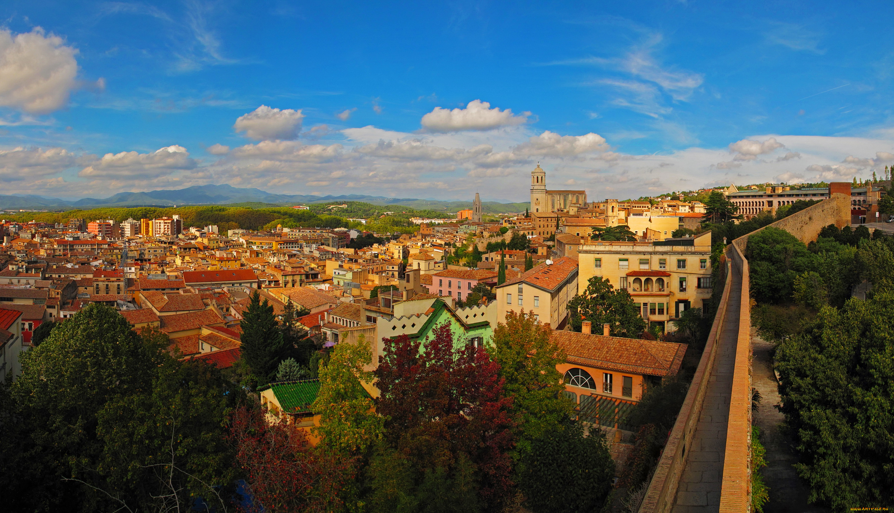 испания, girona, города, -, панорамы, girona, испания, дороги, панорама, дома