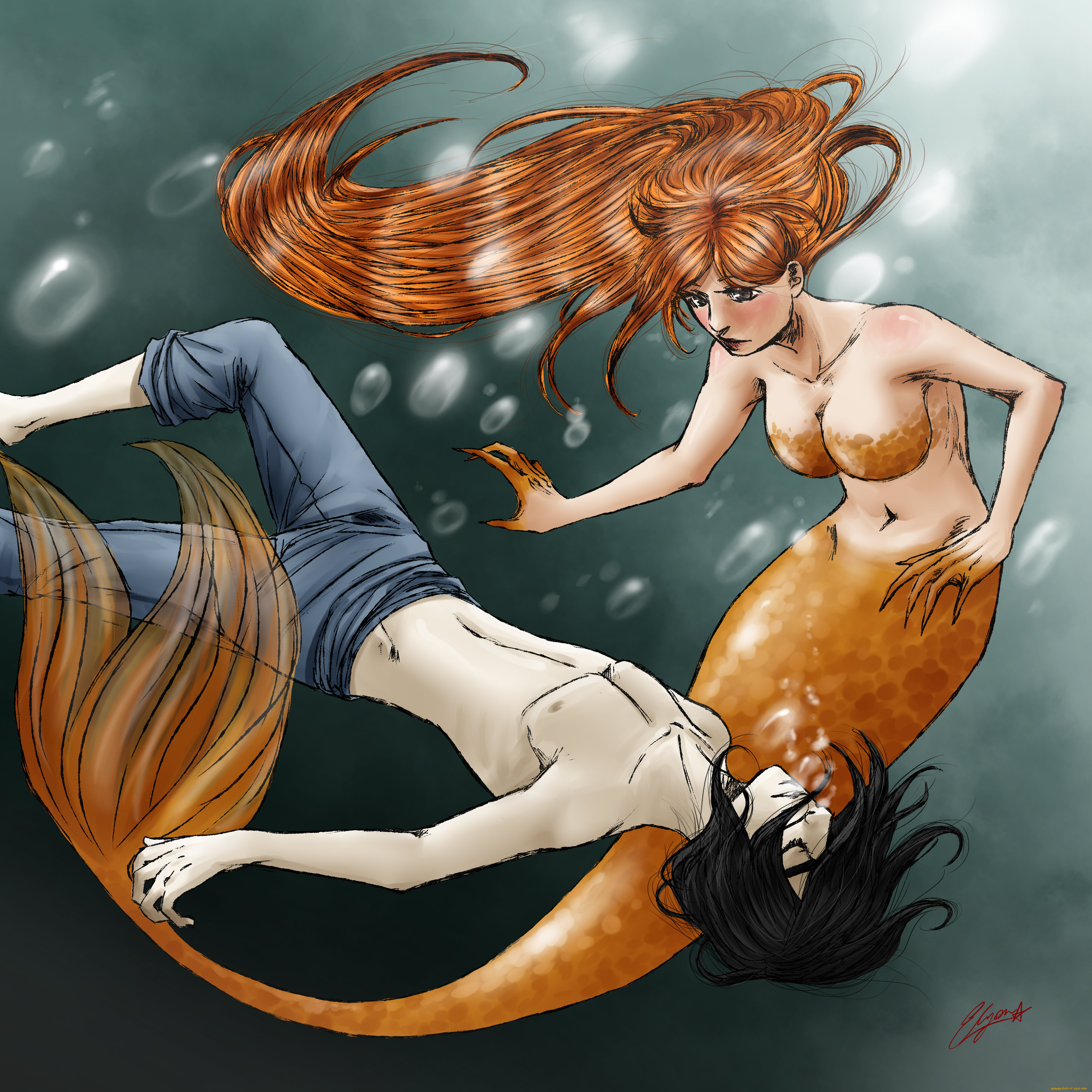 аниме, bleach, фан, арт, вода, пузыри, орихиме, блич, улькиорра, девушка, парень, русалка, рыжая, брюнет