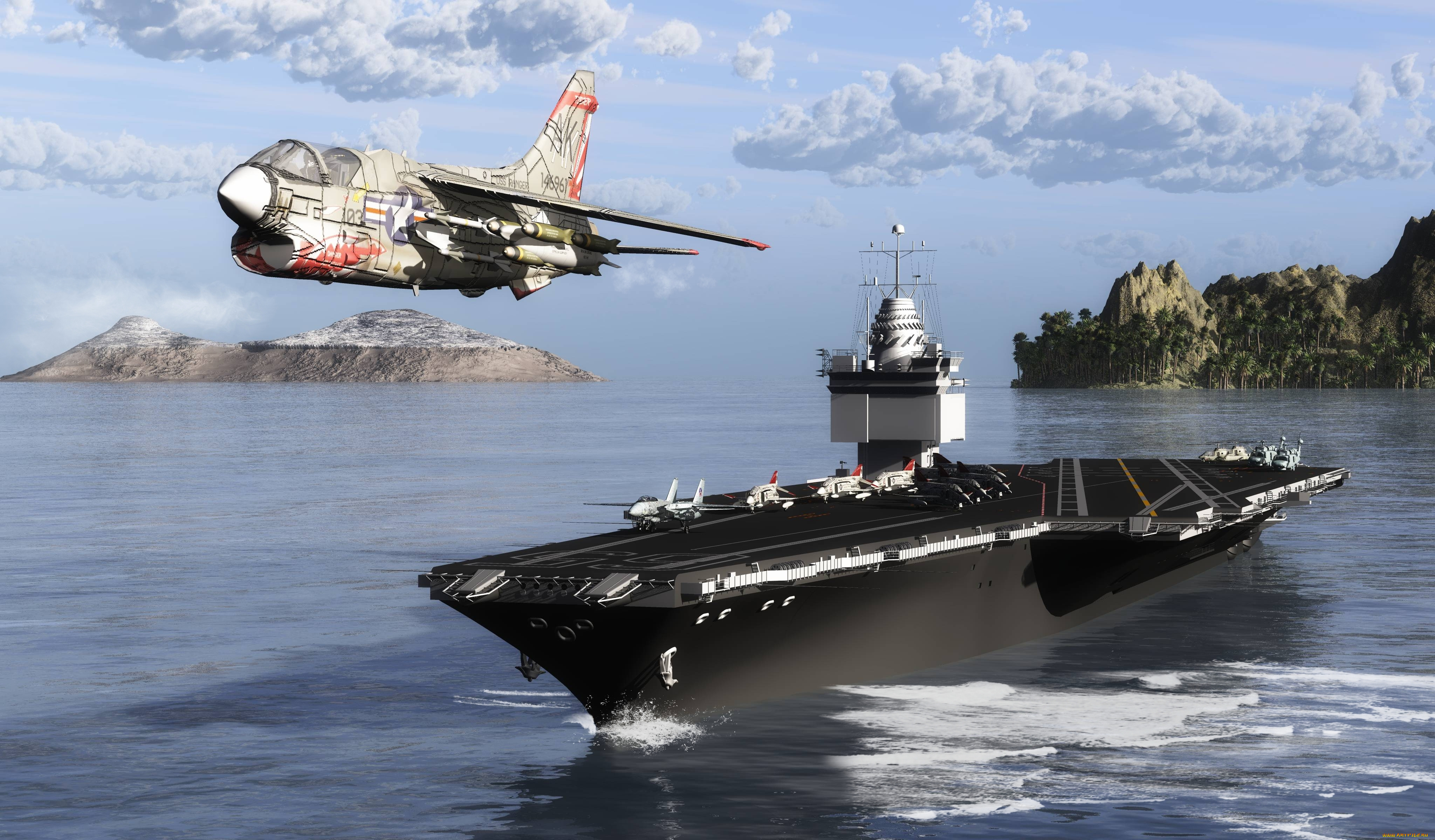 корабли, 3d, море, небо, облака, авианосец, самолеты