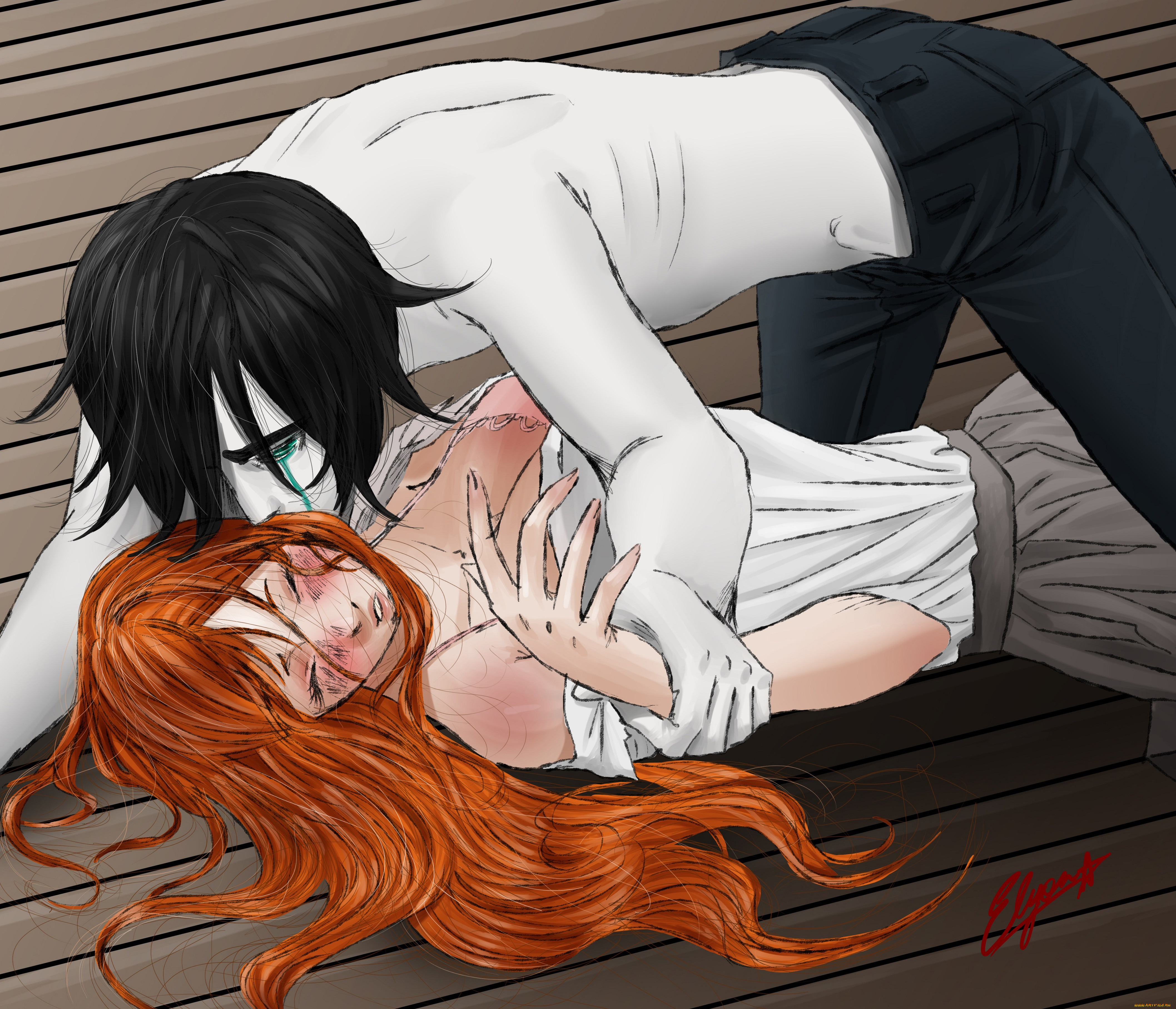 аниме, bleach, фан, арт, блич, орихиме, улькиорра, шиффер, аранкар, поцелуй, пара, брюнет, рыжая, девушка, парень, любовь