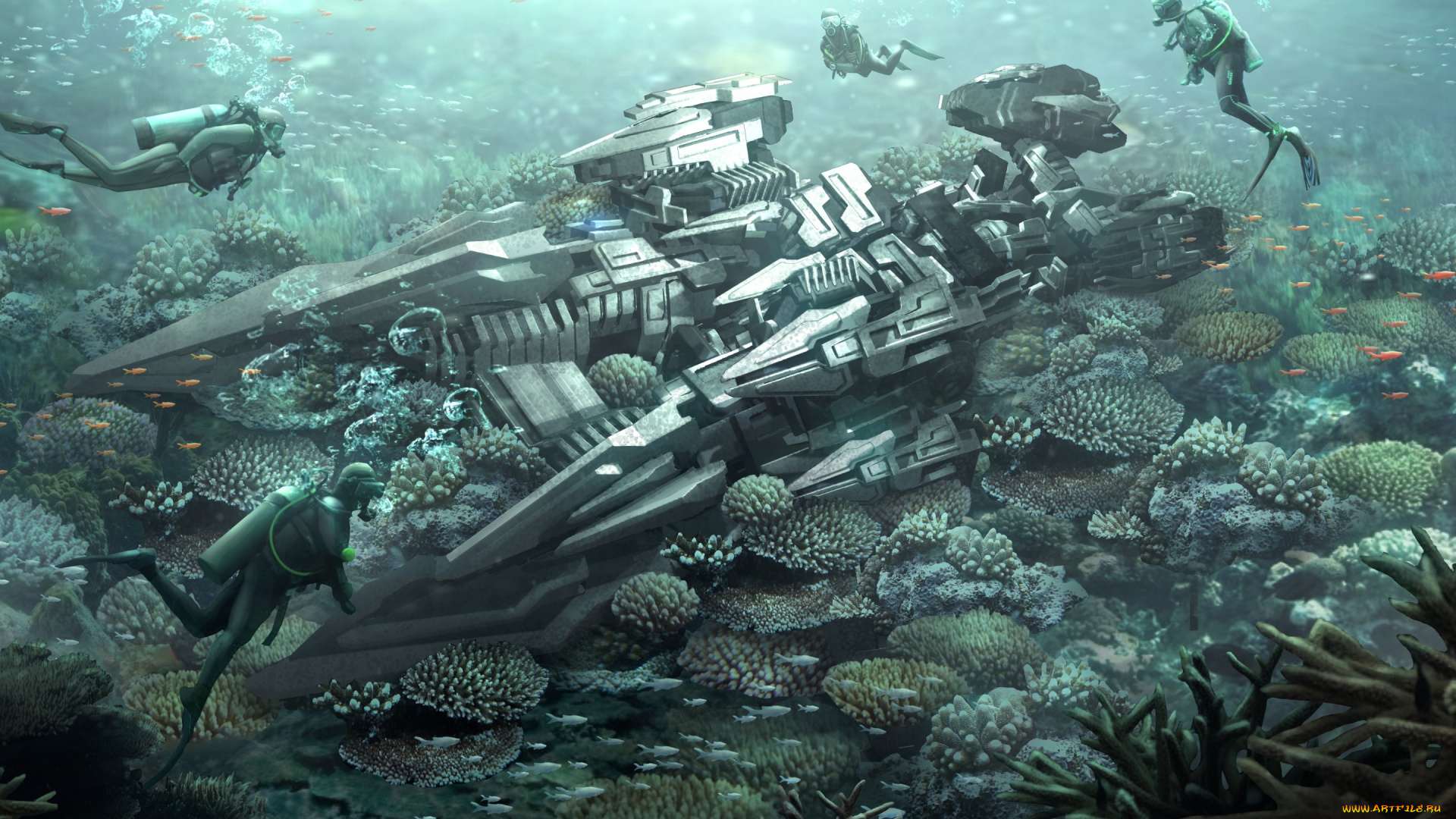 фэнтези, космические, корабли, , звездолеты, , станции, alien, ship, пришельцы, дайвер, аквалангист, коралловые, риф, космический, корабль, дно, кораллы, море
