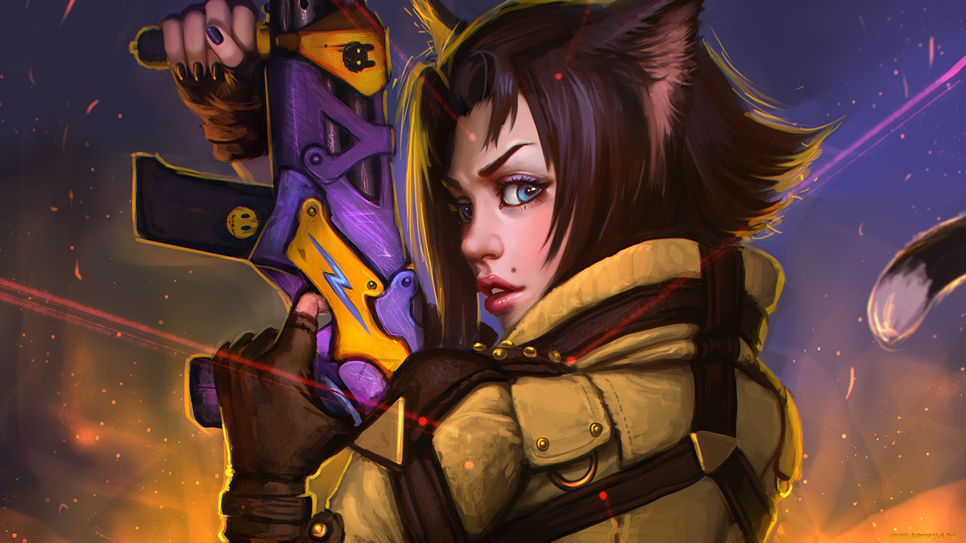 фэнтези, существа, девушка, ушки, оружие, пистолет, прицел, лазер, целеуказатель, уши, арт