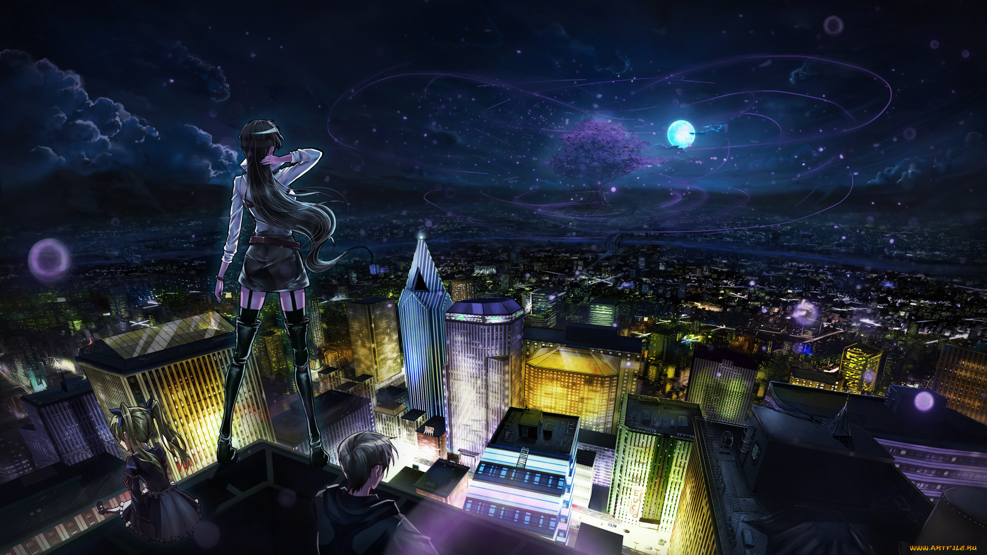 аниме, город, , улицы, , здания, дома, облака, звезды, девушки, небо, ночь, луна, арт, парень