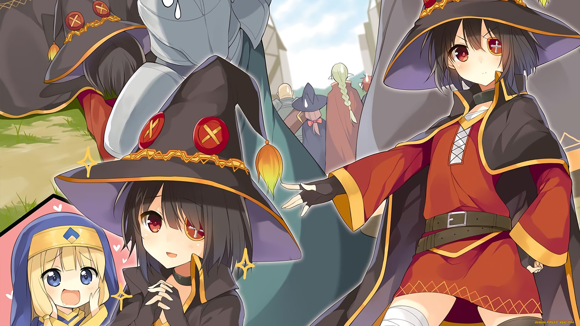 аниме, kono, subarashii, sekai, ni, shukufuku, wo, девушки, взгляд, фон