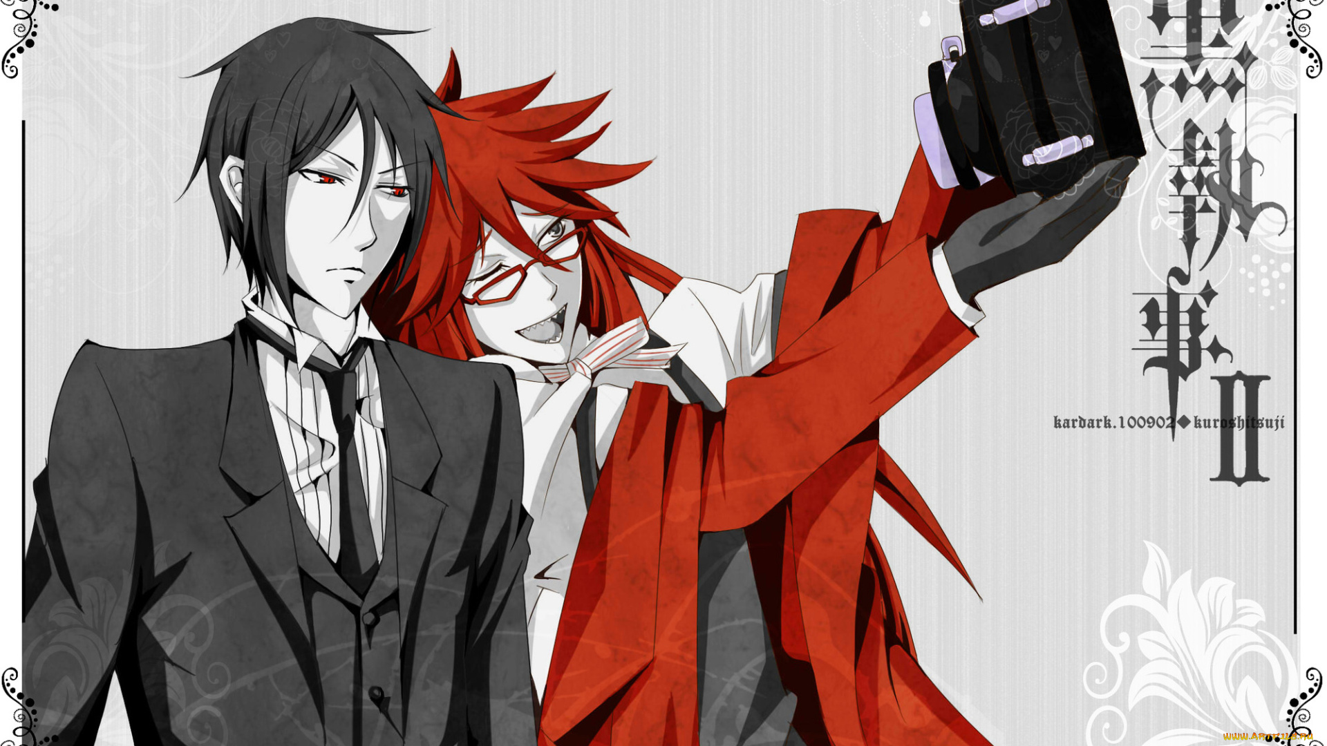 аниме, kuroshitsuji, себастьян, грель, фотоаппарат, темный, дворецкий