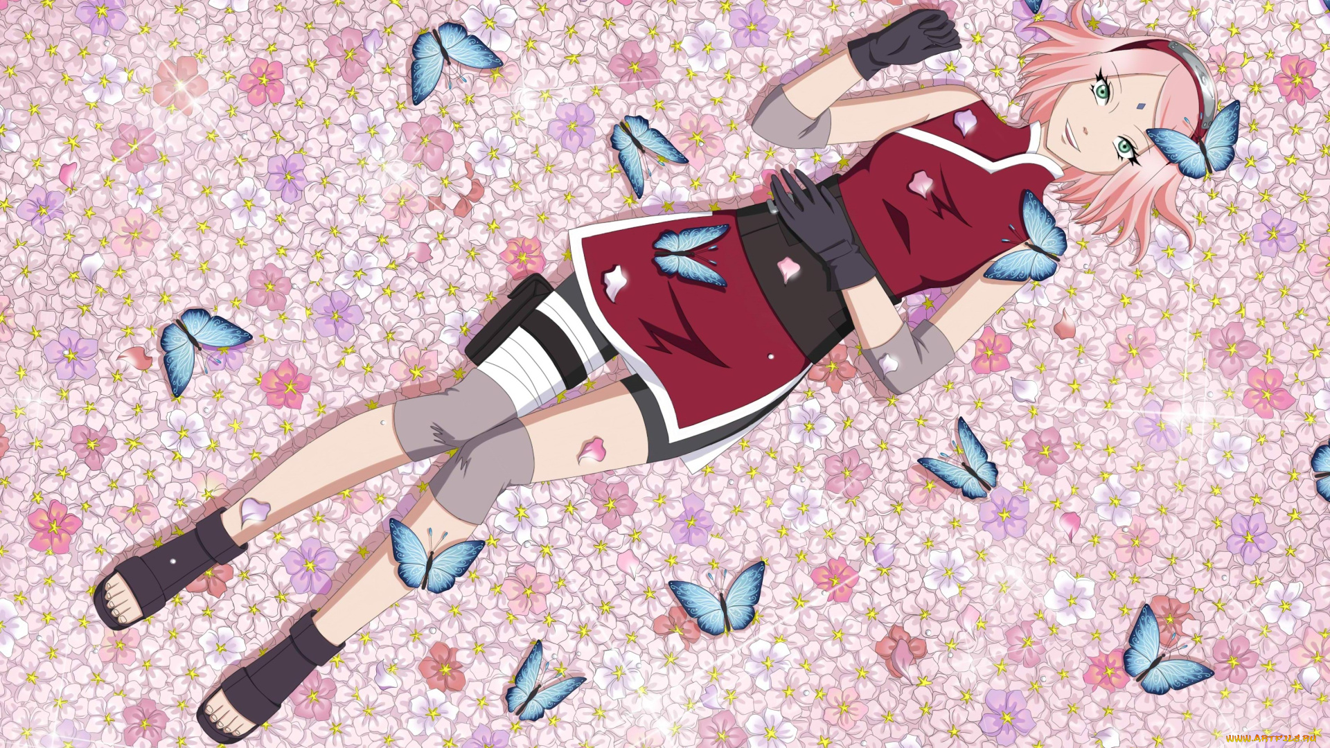 аниме, naruto, девушка, сакура, улыбка, бабочки, цветы