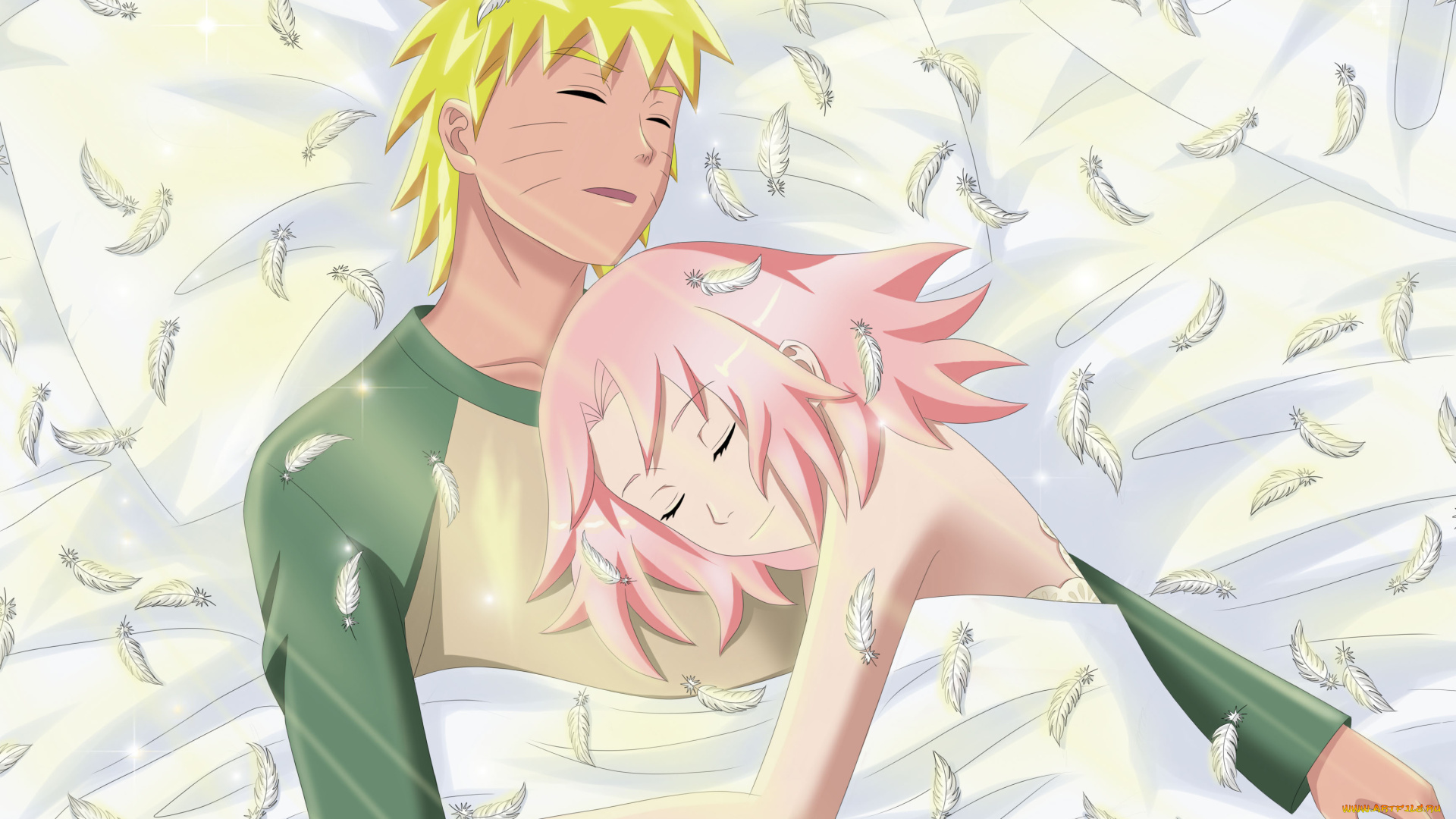 аниме, naruto, наруто, сакура, сон, перья, кровать