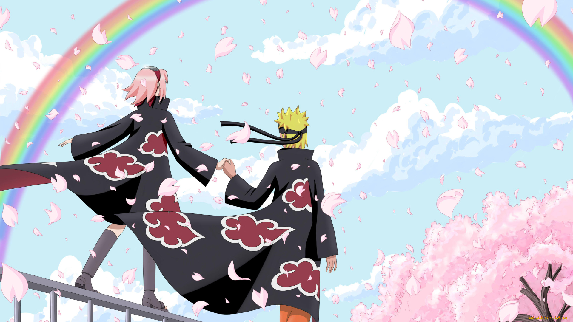 аниме, naruto, прогулка, сакура, наруто, лепестки, радуга, свидание