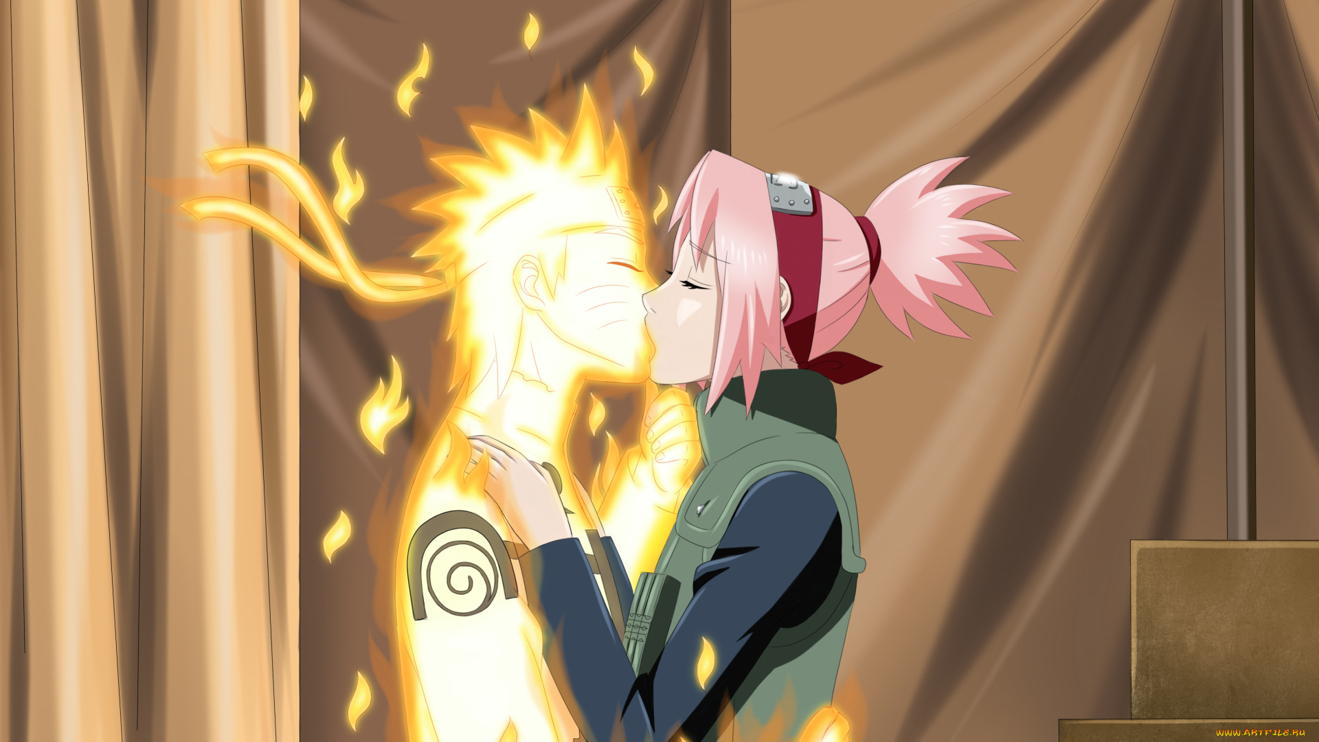 аниме, naruto, шторы, огонь, поцелуй, наруто, сакура