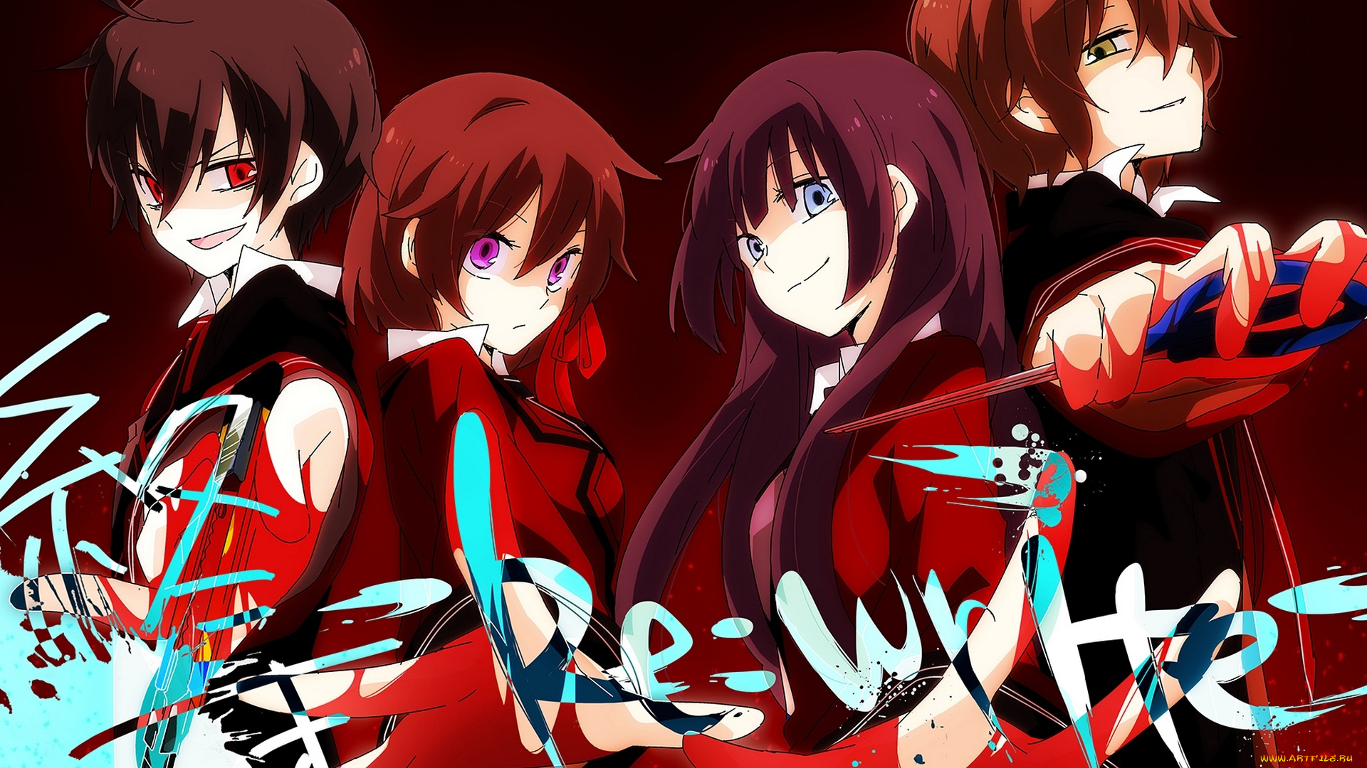 аниме, shuuen, no, shiori, оружие, b-ko, a-ya, wannyanpu, арт, shuuen, no, shiori, project, d-ne, c-ta, парни, девушки, надпись