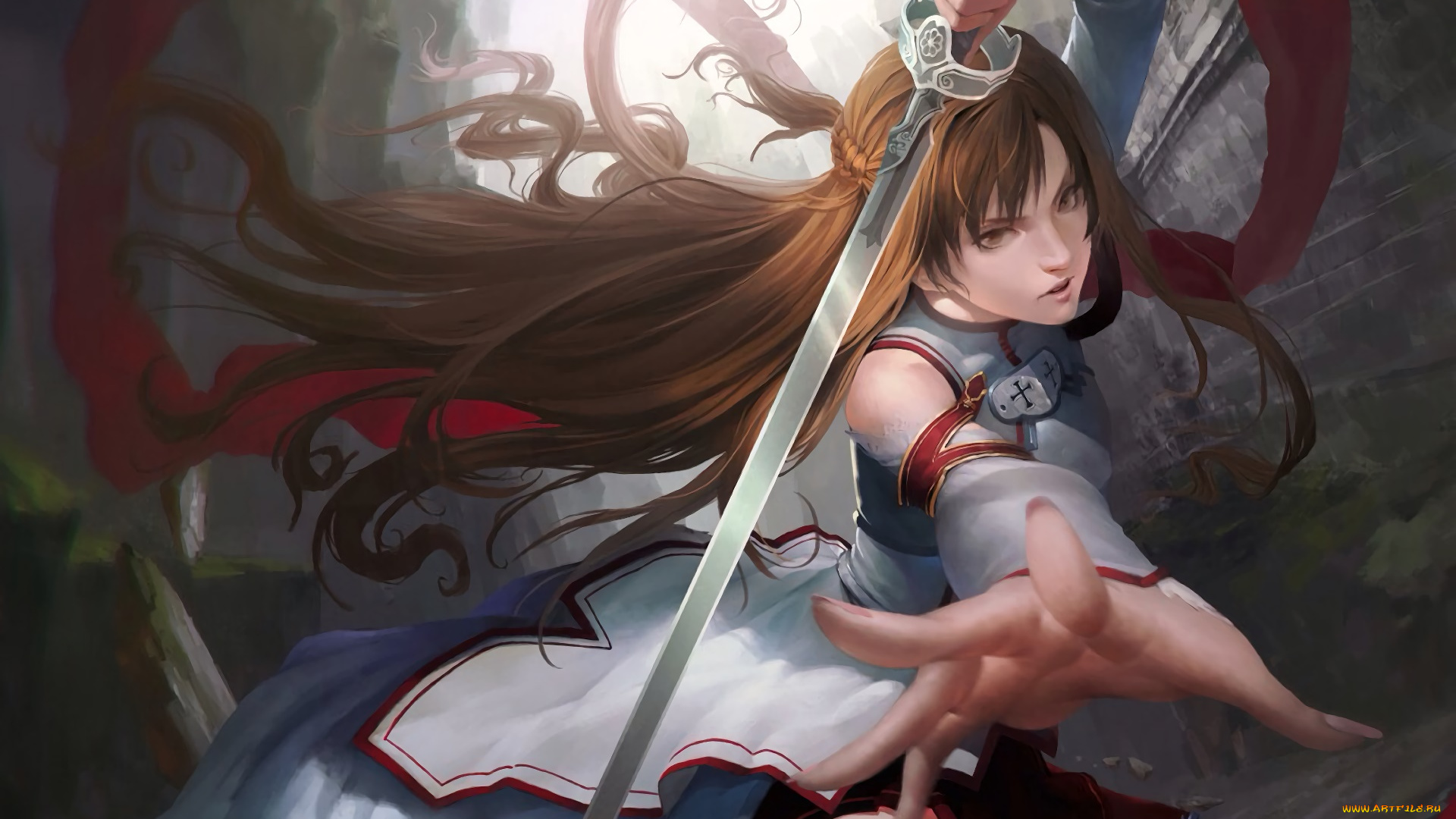 аниме, sword, art, online, девушка, взгляд, фон