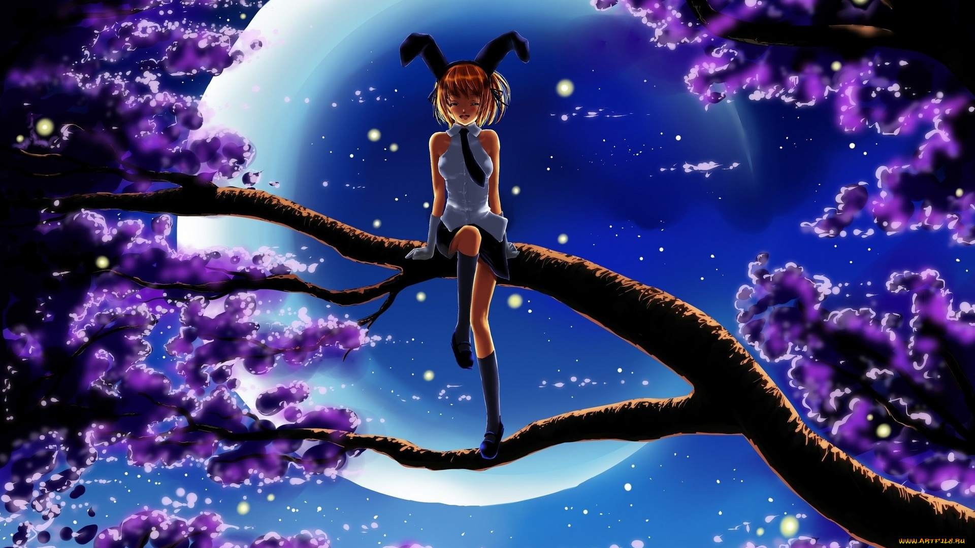 аниме, unknown, , другое, девочка, луна, уши, ветка, дерево