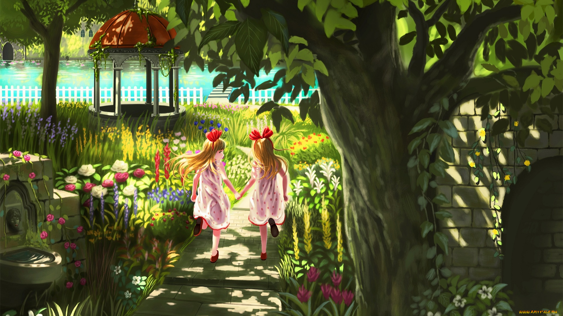 аниме, unknown, , другое, сад, фон, взгляд, девушки