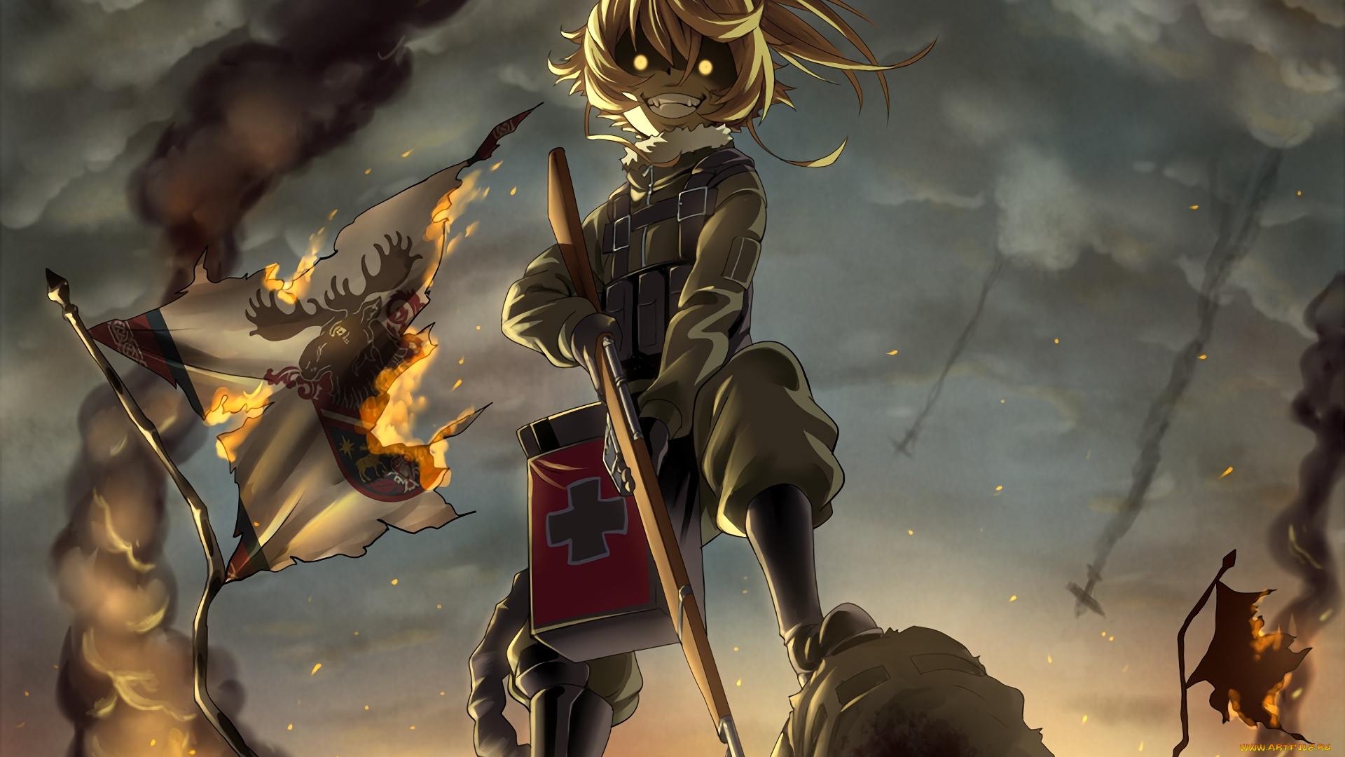 аниме, youjo, senki, девушка, взгляд, фон