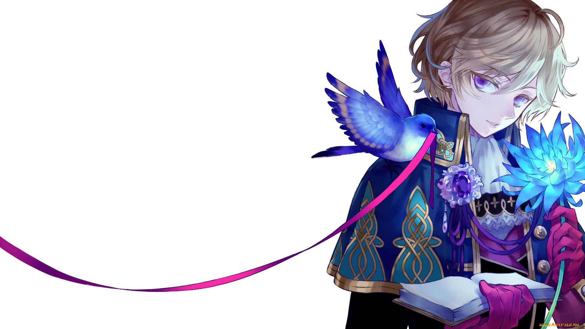 аниме, животные, , существа, птичка, книга, лента, парень