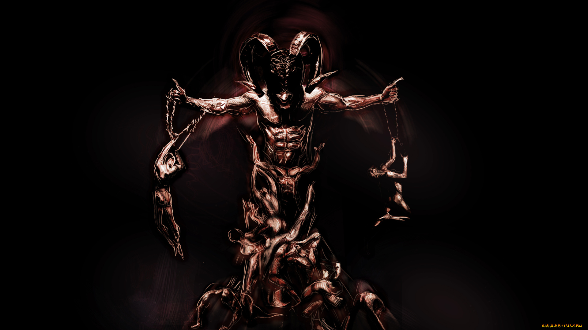 фэнтези, демоны, пирамида, мужчины, существо, рога