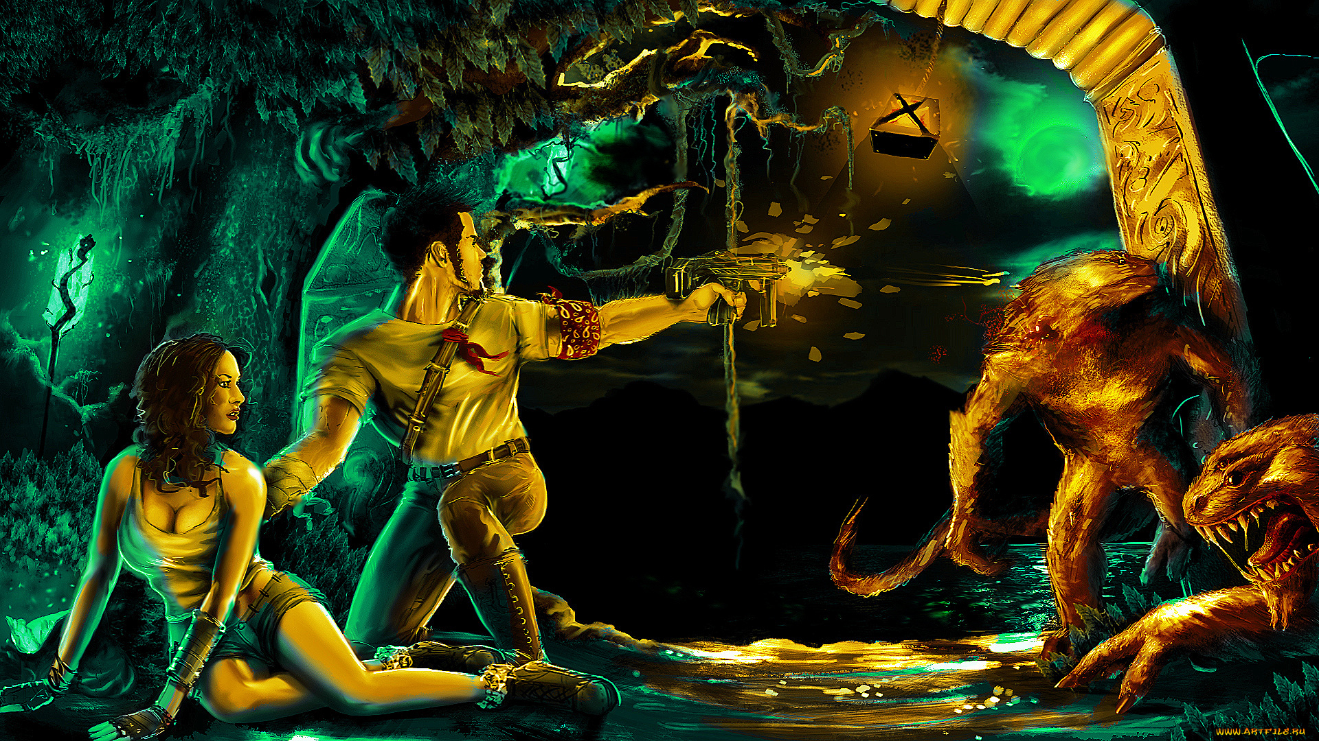 фэнтези, иные, миры, , иные, времена, девушка, мужчина, существо, пистолет