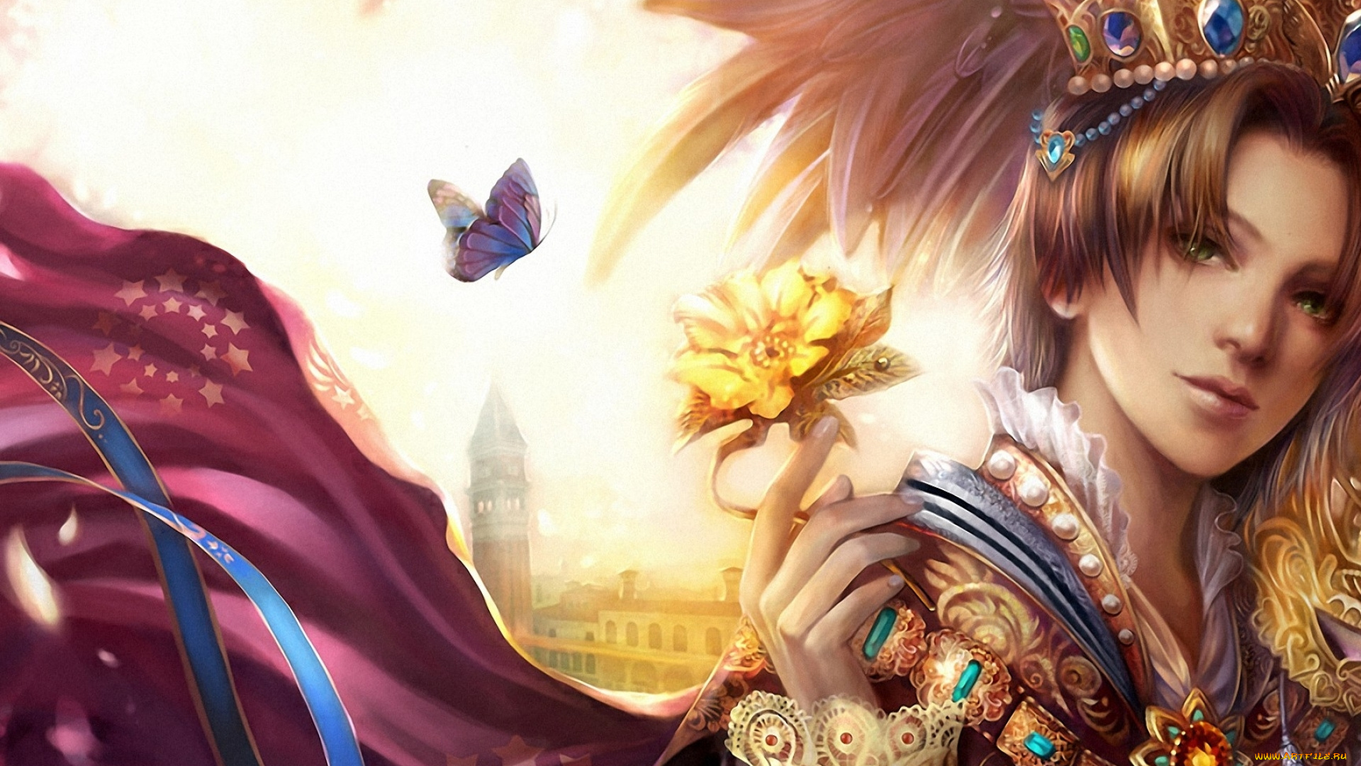 фэнтези, люди, парень, цветок, башня, бабочка, корона, драгоценности, плащ