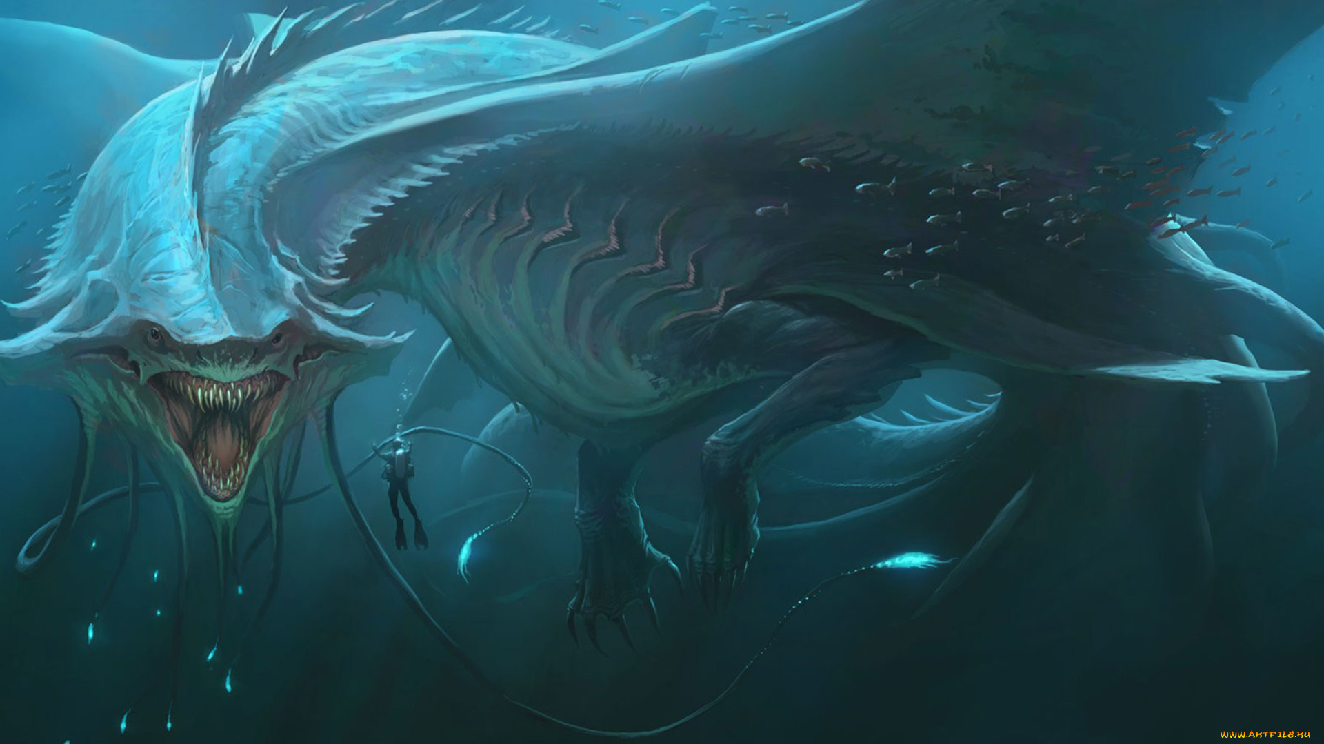 фэнтези, существа, монстр, дракон, подводный, мир, аквалангист, пасть