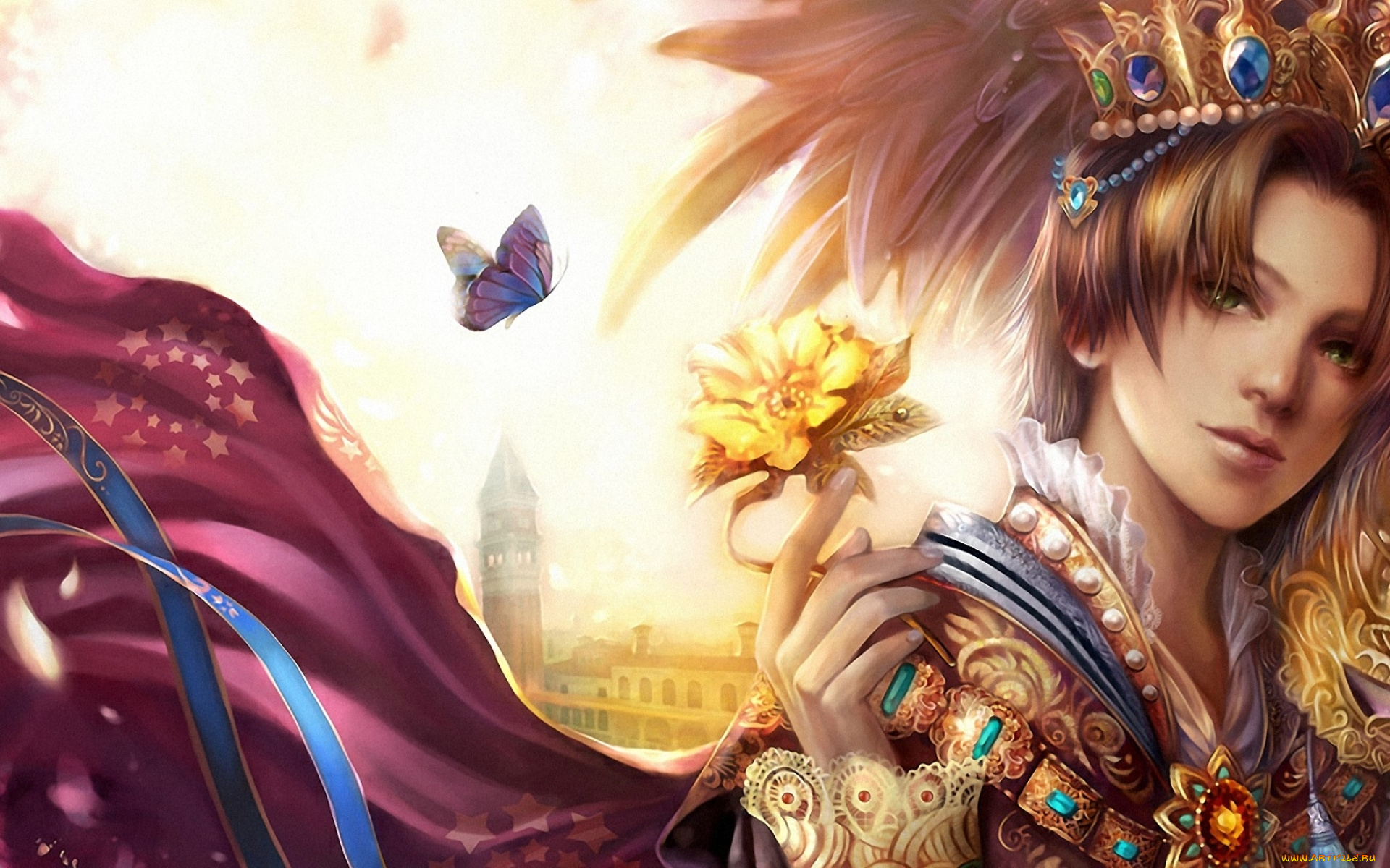 фэнтези, люди, парень, цветок, башня, бабочка, корона, драгоценности, плащ