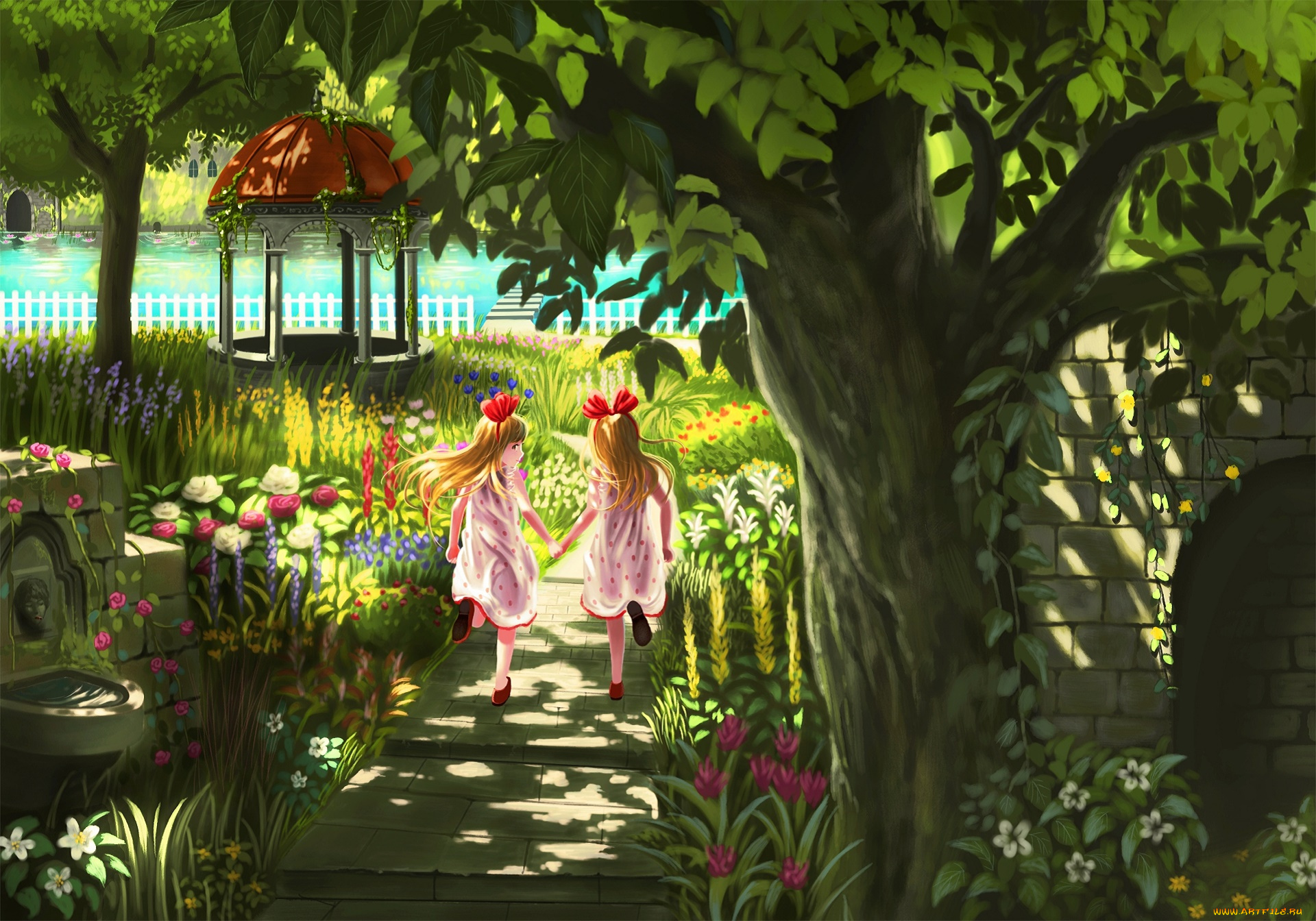 аниме, unknown, , другое, сад, фон, взгляд, девушки