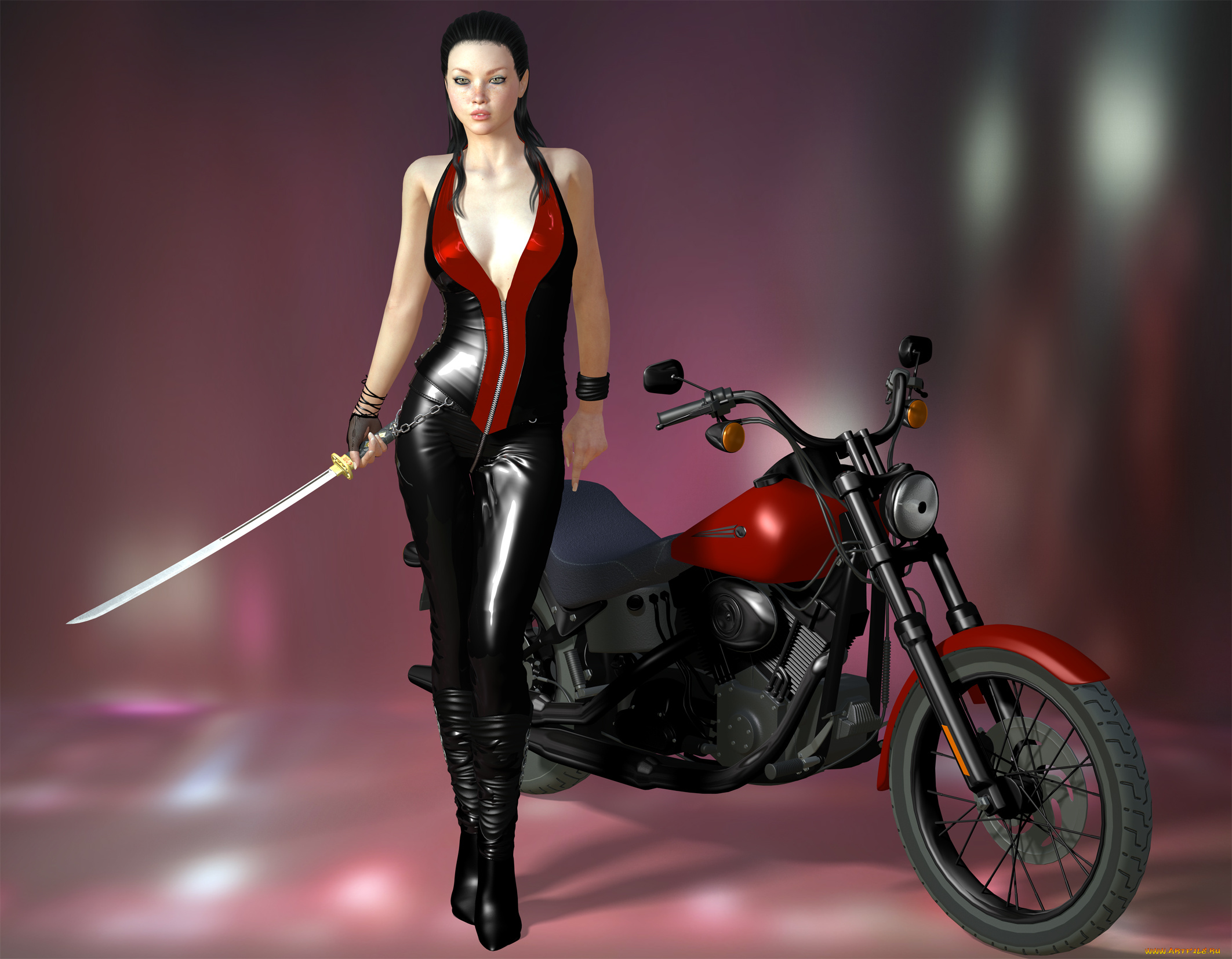 3д, графика, люди-авто, мото, , people-, car, , , moto, девушка, взгляд, фон, мотоцикл, оружие