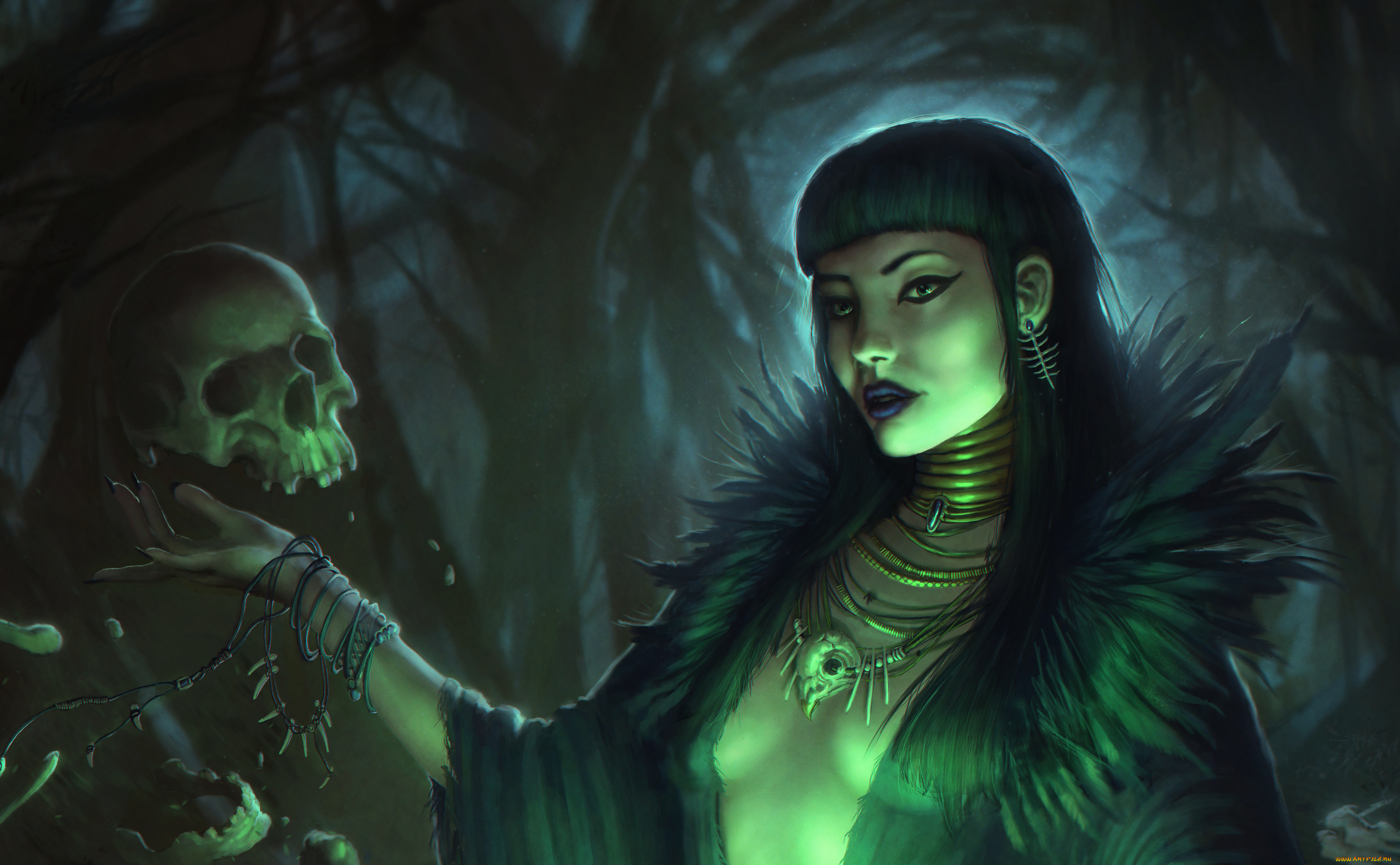 фэнтези, девушки, девушка, фон, взгляд, бусы, череп