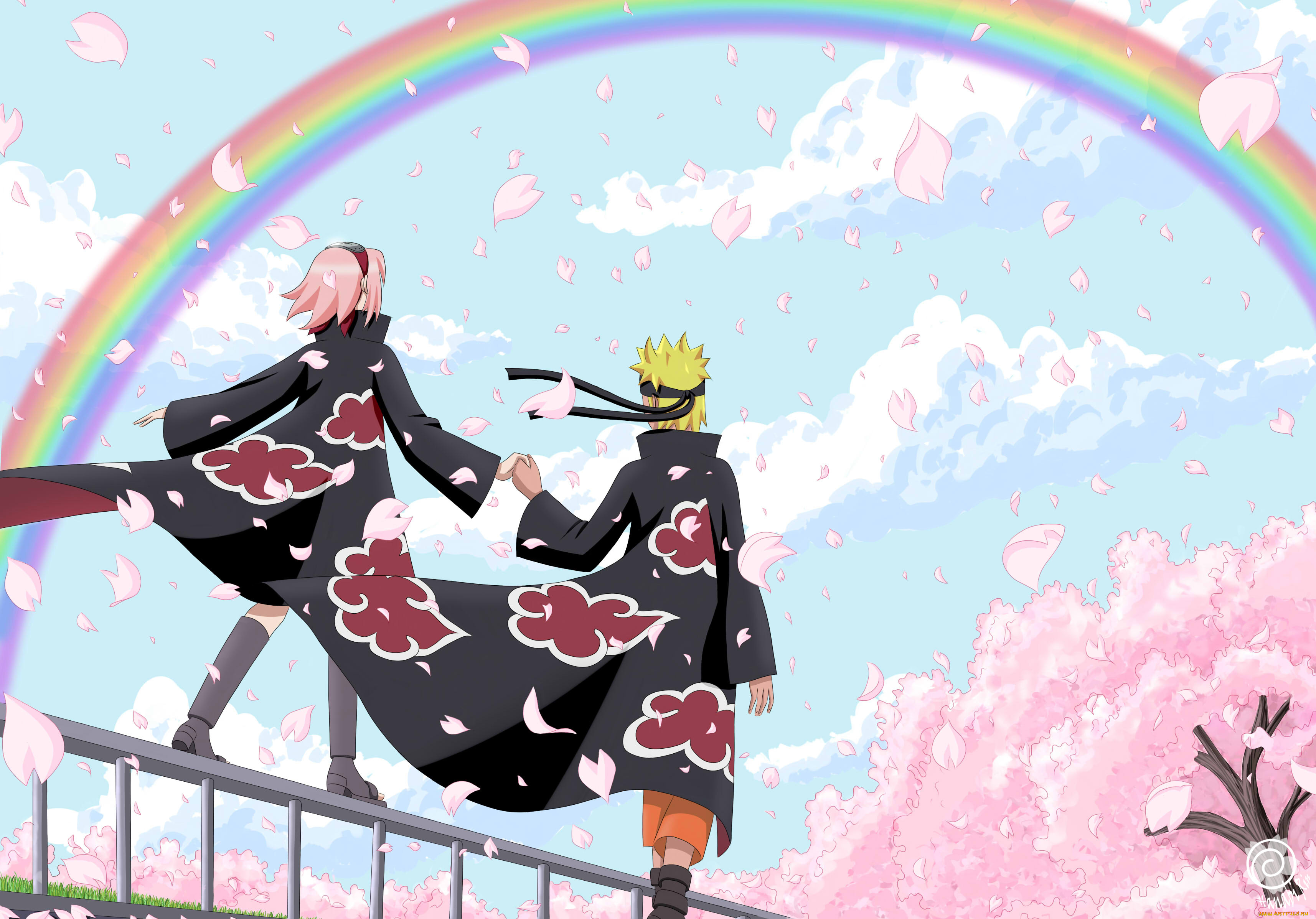 аниме, naruto, прогулка, сакура, наруто, лепестки, радуга, свидание