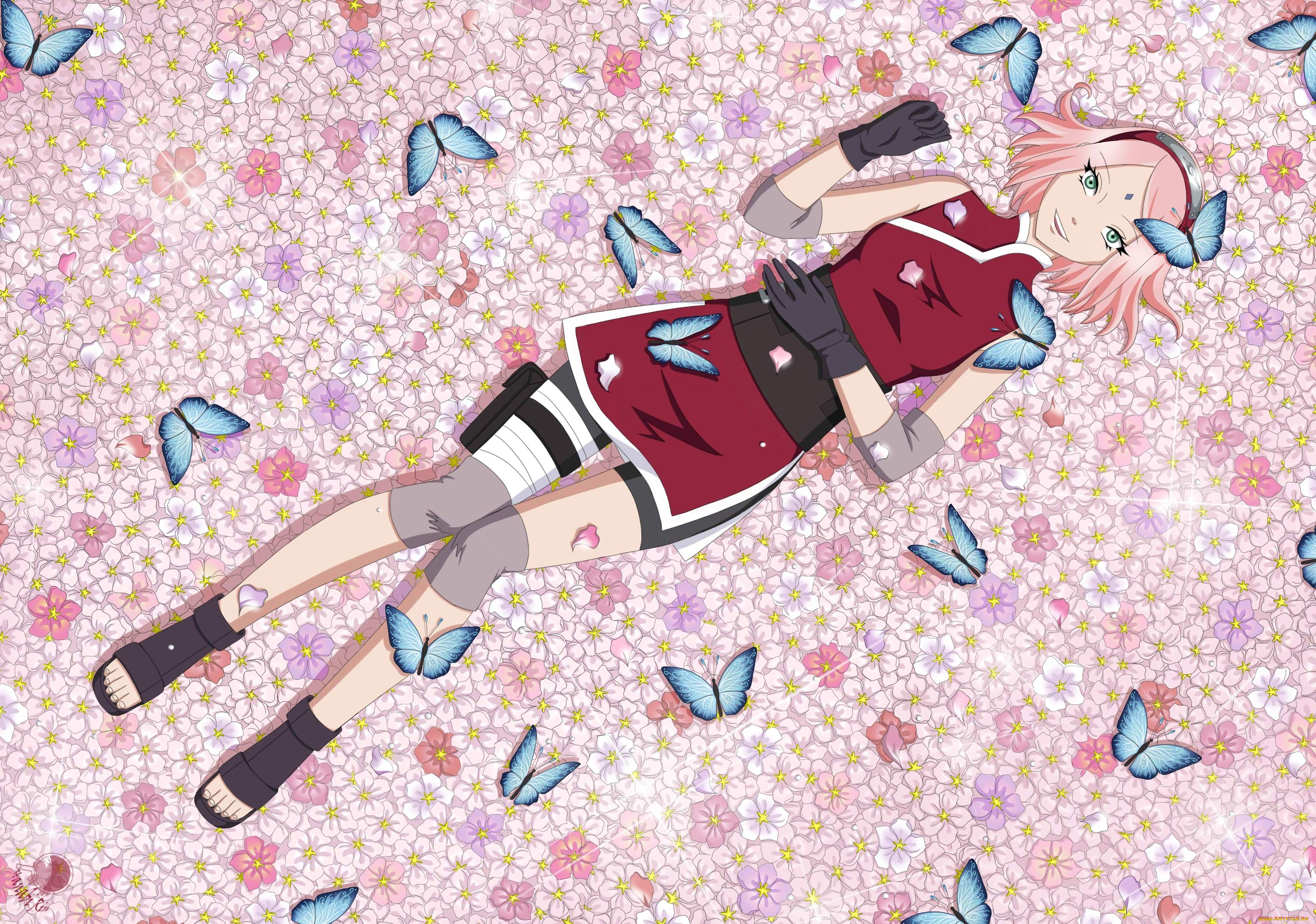 аниме, naruto, девушка, сакура, улыбка, бабочки, цветы