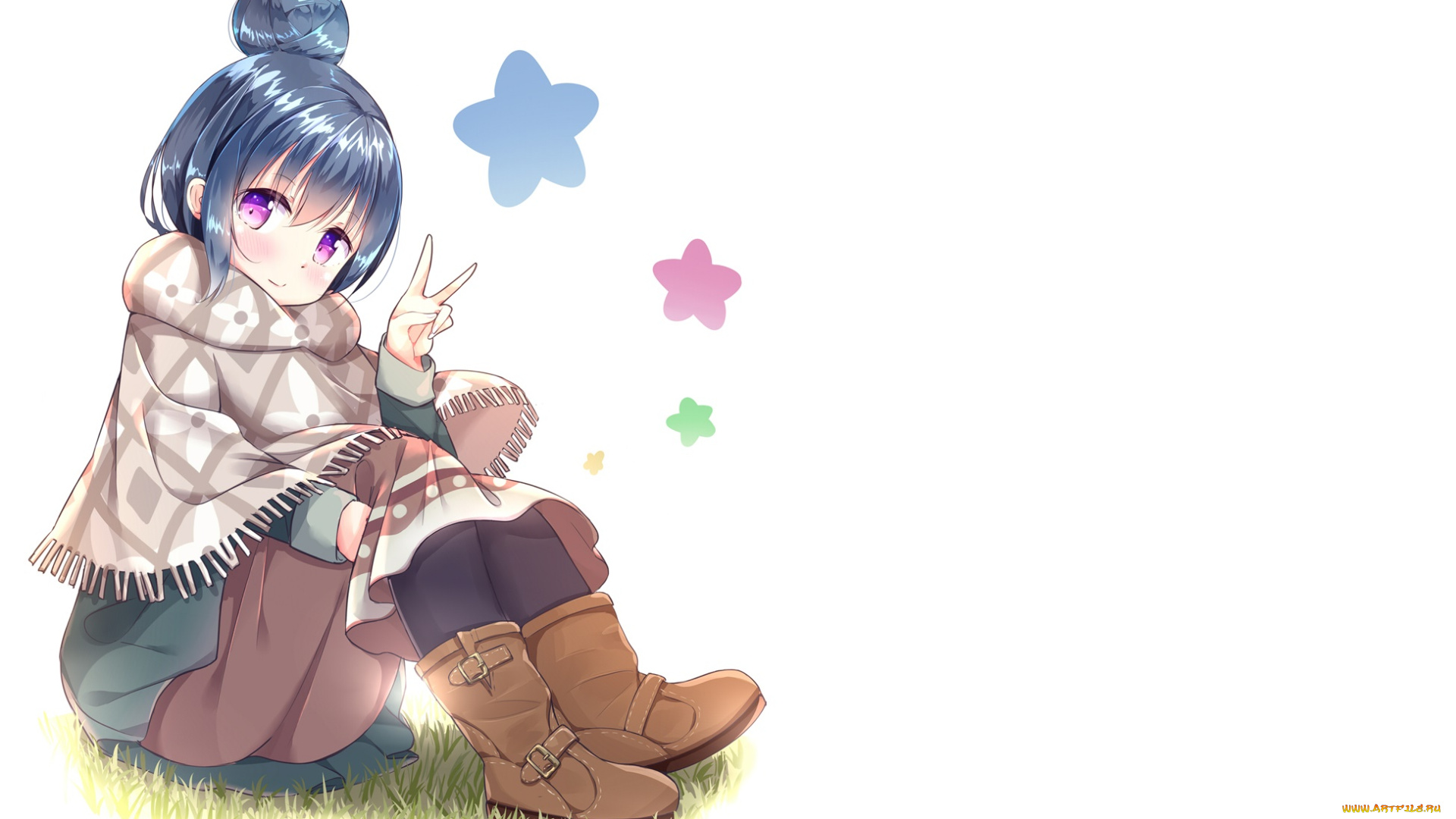 аниме, laid-back, camp, девушка, взгляд, фон