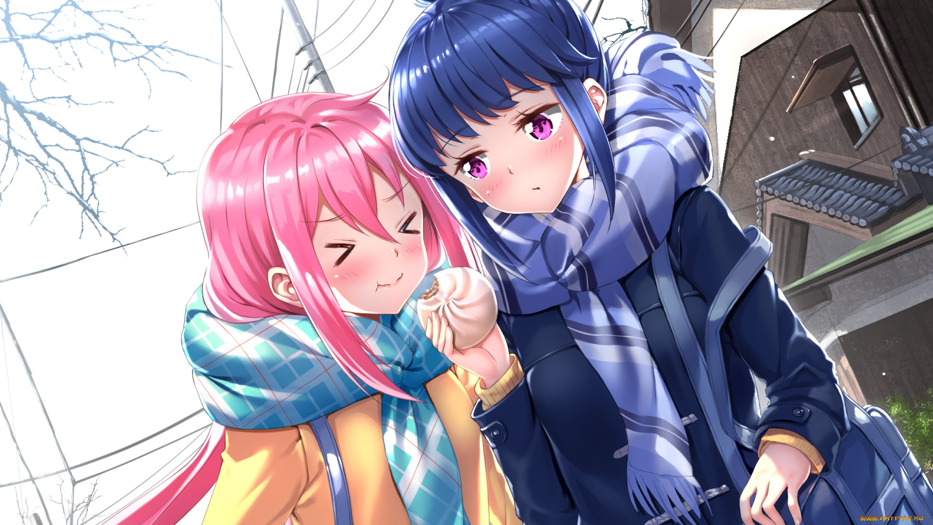 аниме, laid-back, camp, девушки, взгляд, фон