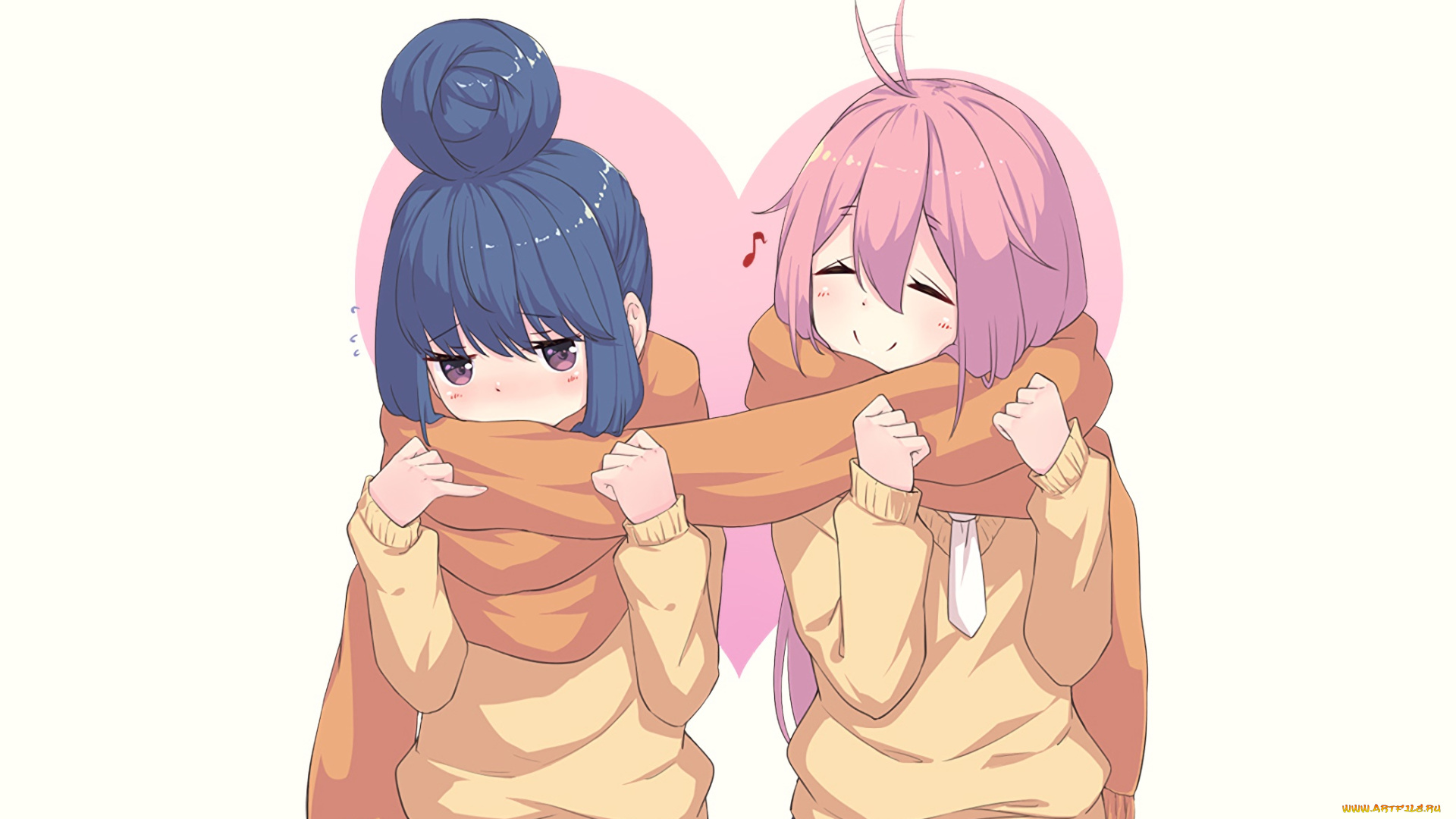 аниме, laid-back, camp, девушки, взгляд, фон