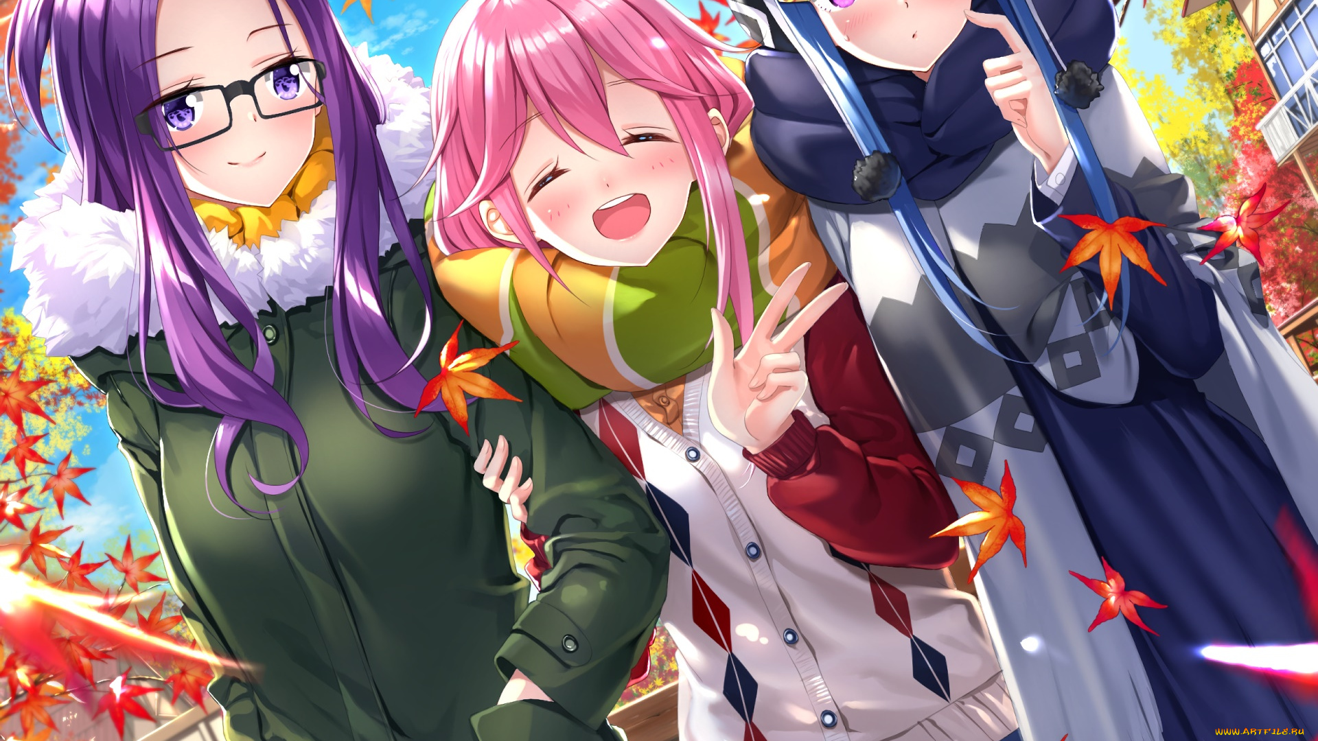 аниме, laid-back, camp, девушки, взгляд, фон