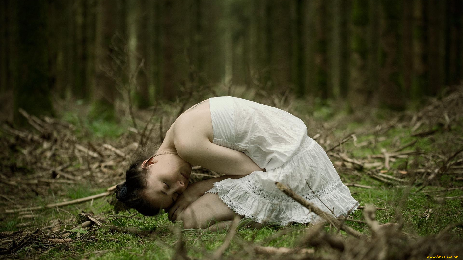 девушки, -unsort, , азиатки, хворост, трава, лес, платье