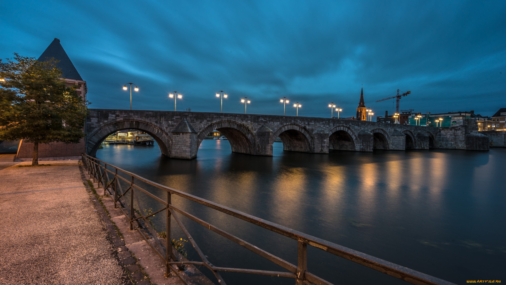 города, -, мосты, голландия, огни, maastricht, нидерланды, мост, ночь