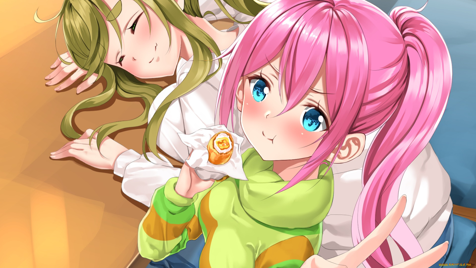 laid-back, camp, аниме, девушки, взгляд, фон