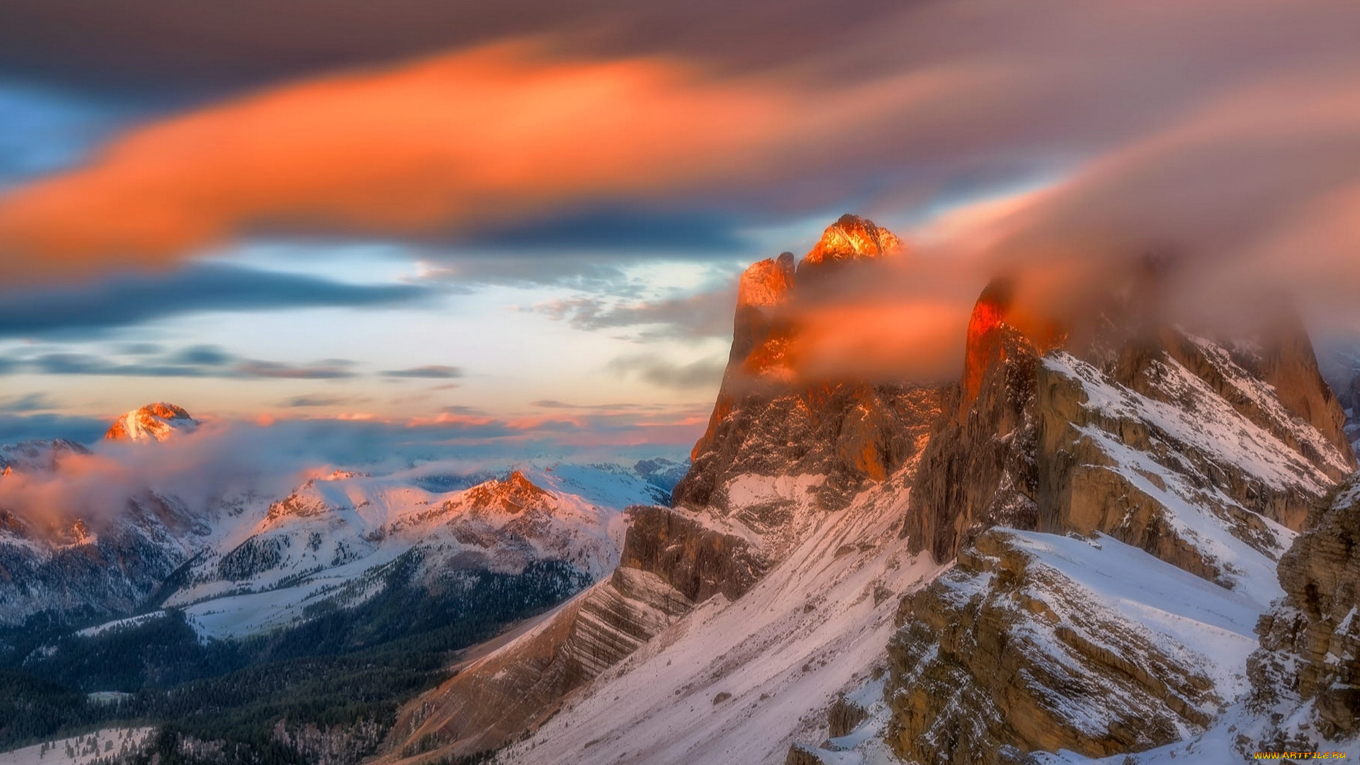 природа, горы, облака, скалы, сне, заря