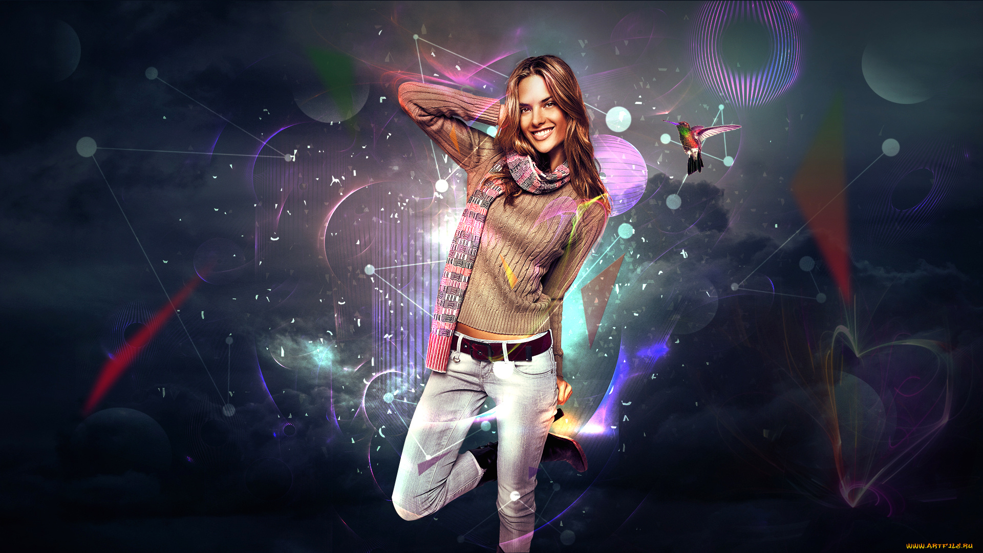 разное, компьютерный, дизайн, коллибри, улыбка, взгляд, фон, девушка