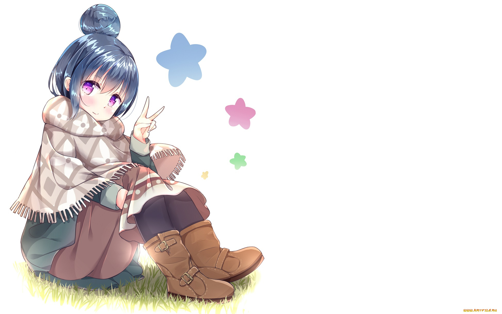 аниме, laid-back, camp, девушка, взгляд, фон