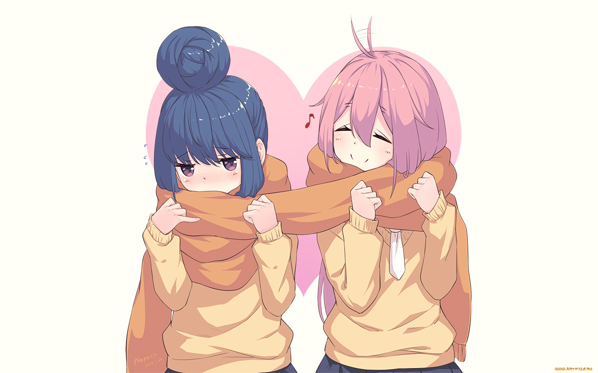 аниме, laid-back, camp, девушки, взгляд, фон