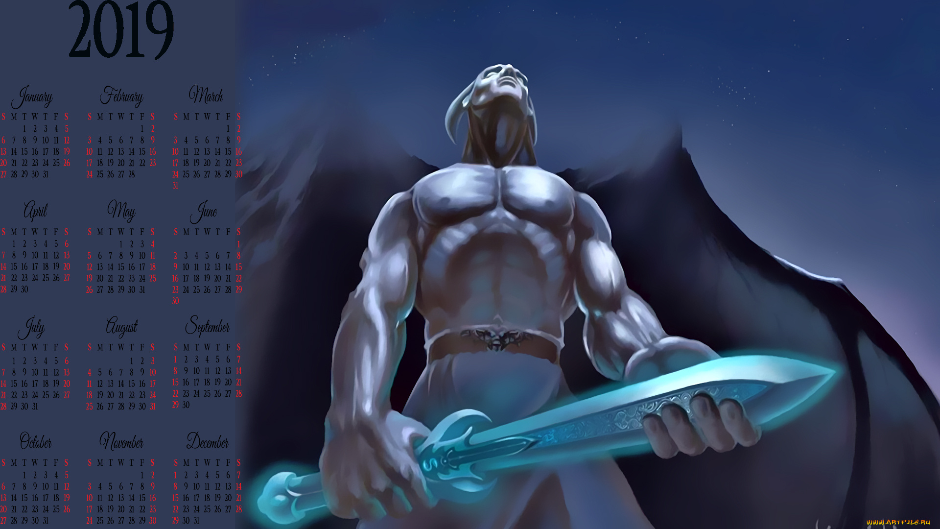 календари, фэнтези, существо, крылья, рога, оружие