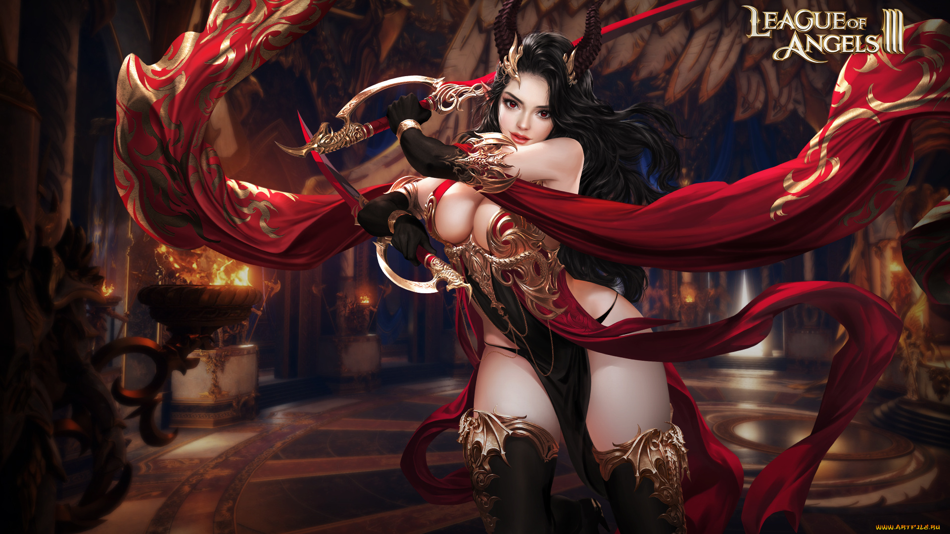 видео, игры, league, of, angels, мечи, рога, девушка, зал